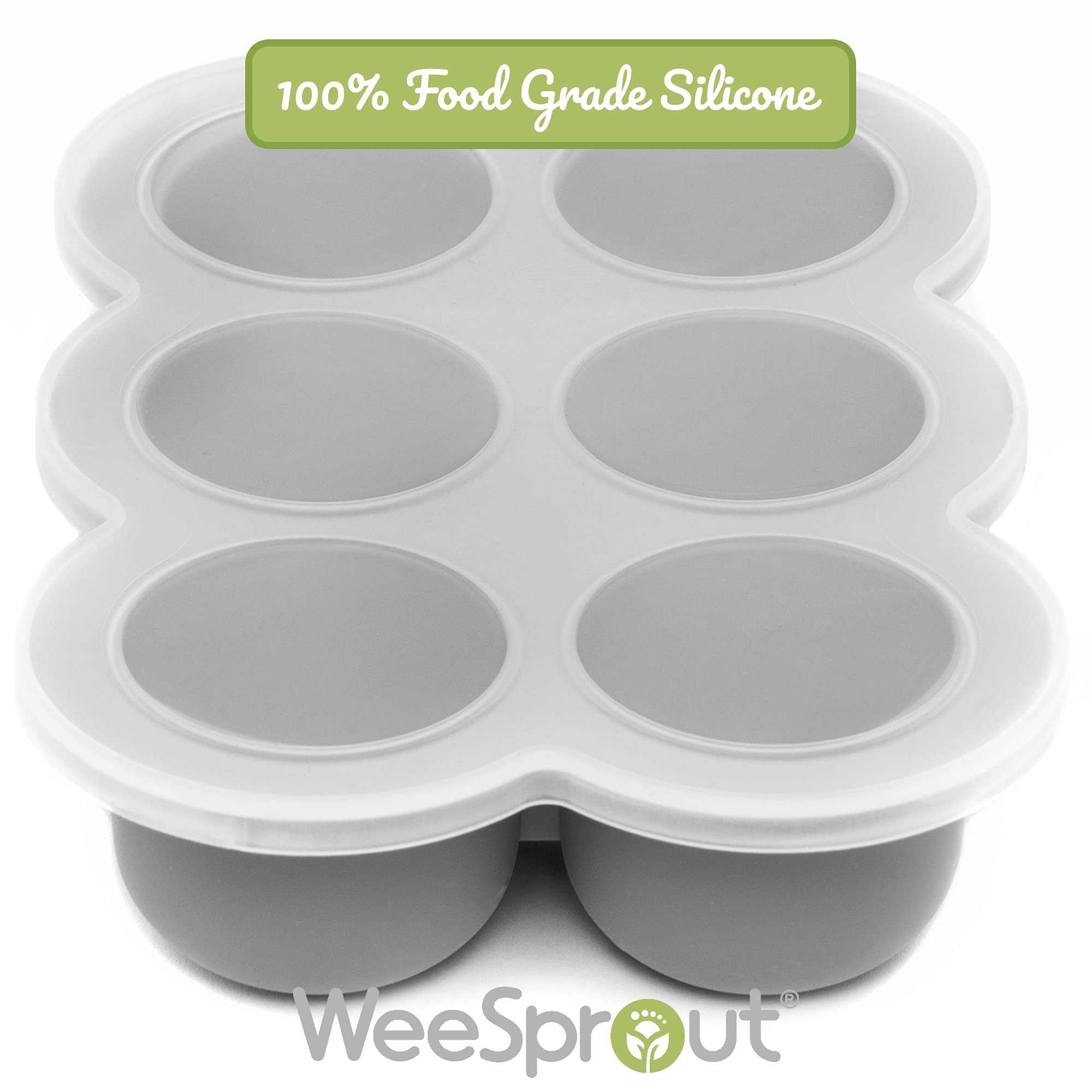 WeeSprout Silicone Freezer Tray with Clip-On Lid - 6 Section 3oz Baby Food Storage Container for Homemade Purees, Breast Milk, Vegetables & Fruits (Bright Grey) | Perfect for Meal Prep, Baby Led Weaning & Breastmilk Storage