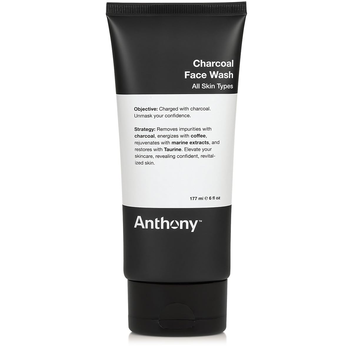 Anthony Charcoal Face Wash for Men - 6 Fl Oz Detoxifying & Energizing Cleanser with Coffea Arabica, Taurine & Marine Extracts - Sulfate & Paraben-Free Skincare - Perfect for Daily Use & Post-Workout Refreshment