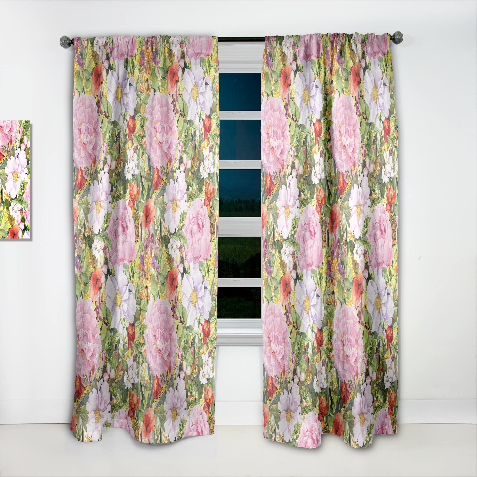 DesignQ Pink Botanical Meadow Thermal Insulated Curtains - 52x95 Inch Single Panel for Bedroom & Living Room - Energy Saving, Blackout, Home Decor
