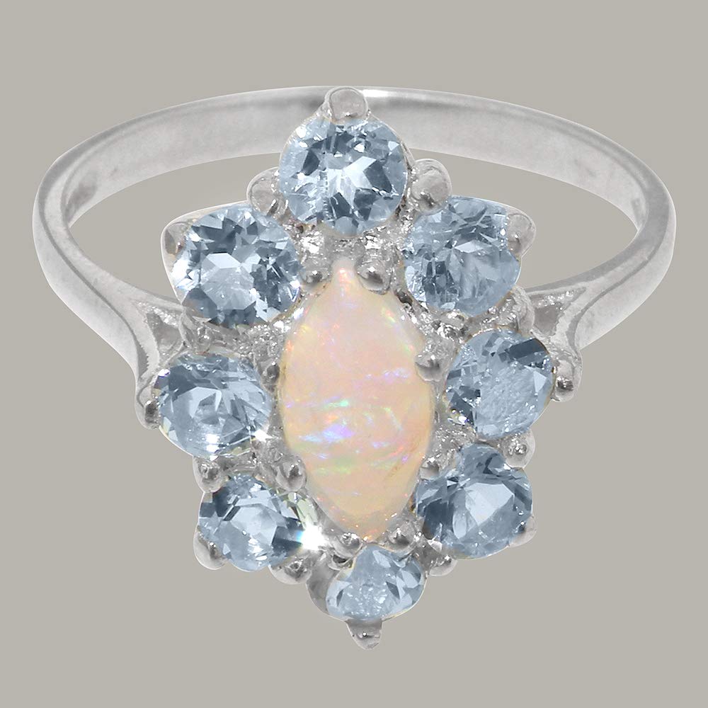 9K White Gold Genuine Natural Opal & Aquamarine Women's Engagement Ring - Size 8 - Perfect for Proposals, Anniversaries & Special Occasions