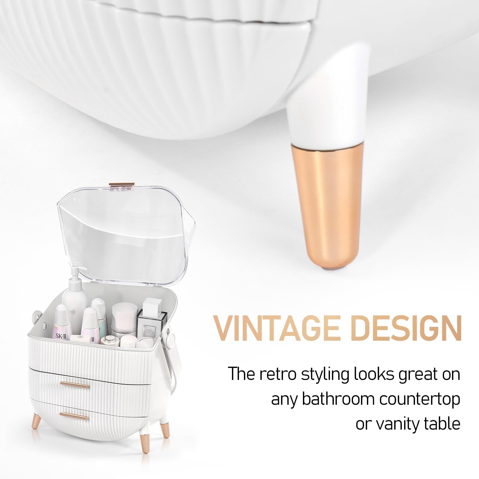Preppy Makeup Organizer & Skincare Storage Box for College Students - Portable Cosmetic Caddy for Dorm, Bathroom, Dresser - White | Perfect for Travel, Vanity Organization & Small Space Storage