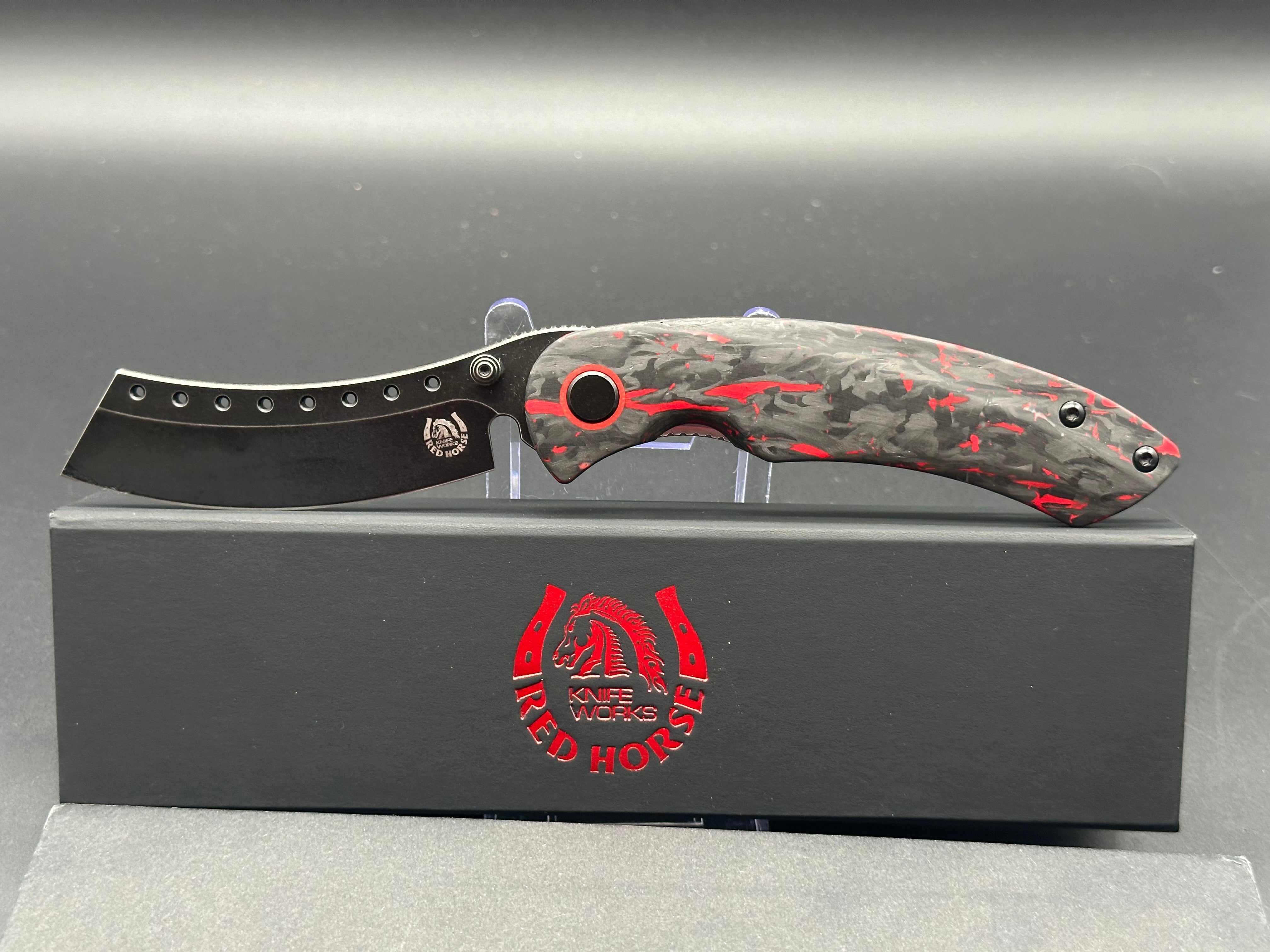 Premium Red Horse Hell Razor P Series Folding Knife - Black/Red Marbled Carbon Fiber Handle & Black Stonewash Blade - Ideal for Outdoor Camping, Hunting, and EDC Survival Gear
