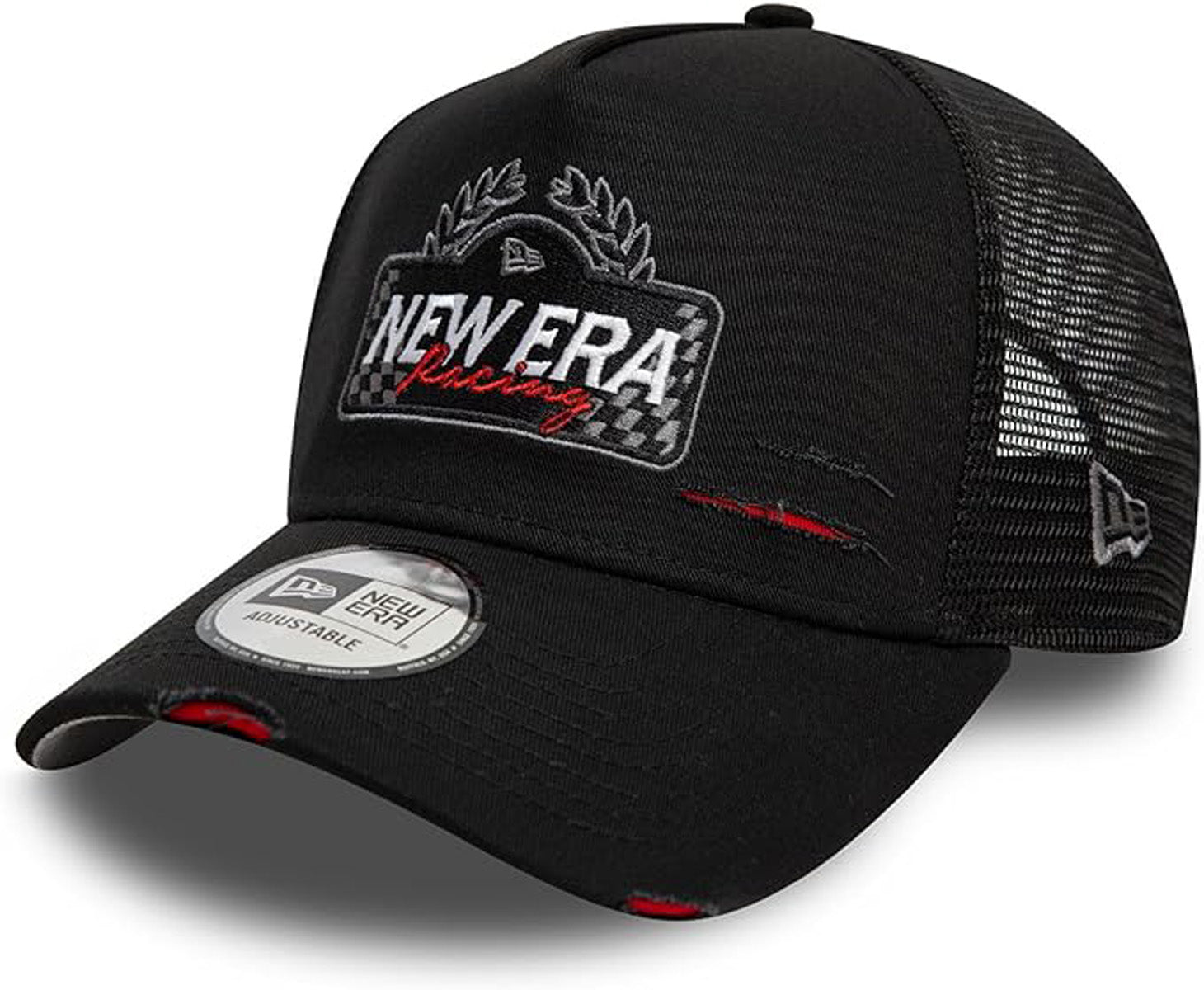 New Era Motorsport Distressed Black Trucker Cap - Adjustable Snapback Hat for Men & Women - Perfect for Racing, Baseball, and Outdoor Activities