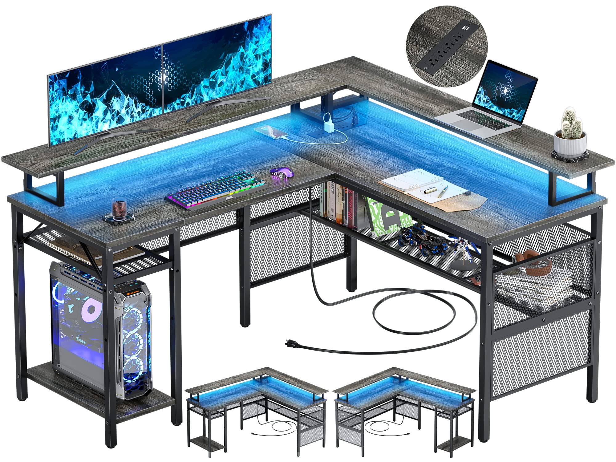 L-Shaped Computer Desk with Power Outlet & LED Strip - Reversible Corner Gaming Desk with Monitor Stand & Storage Shelf | Ergonomic 2-Person Home Office Workstation in Black Oak | Perfect for Small Spaces, Gaming Setups & Shared Workspaces