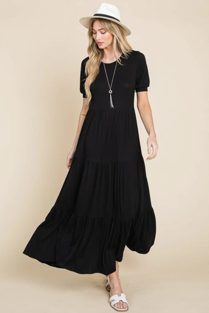 BOMBOM Women's Short Sleeve Tiered Maxi Dress - Flowy Summer Casual Dress with Elastic Waist for Beach, Vacation & Everyday Wear