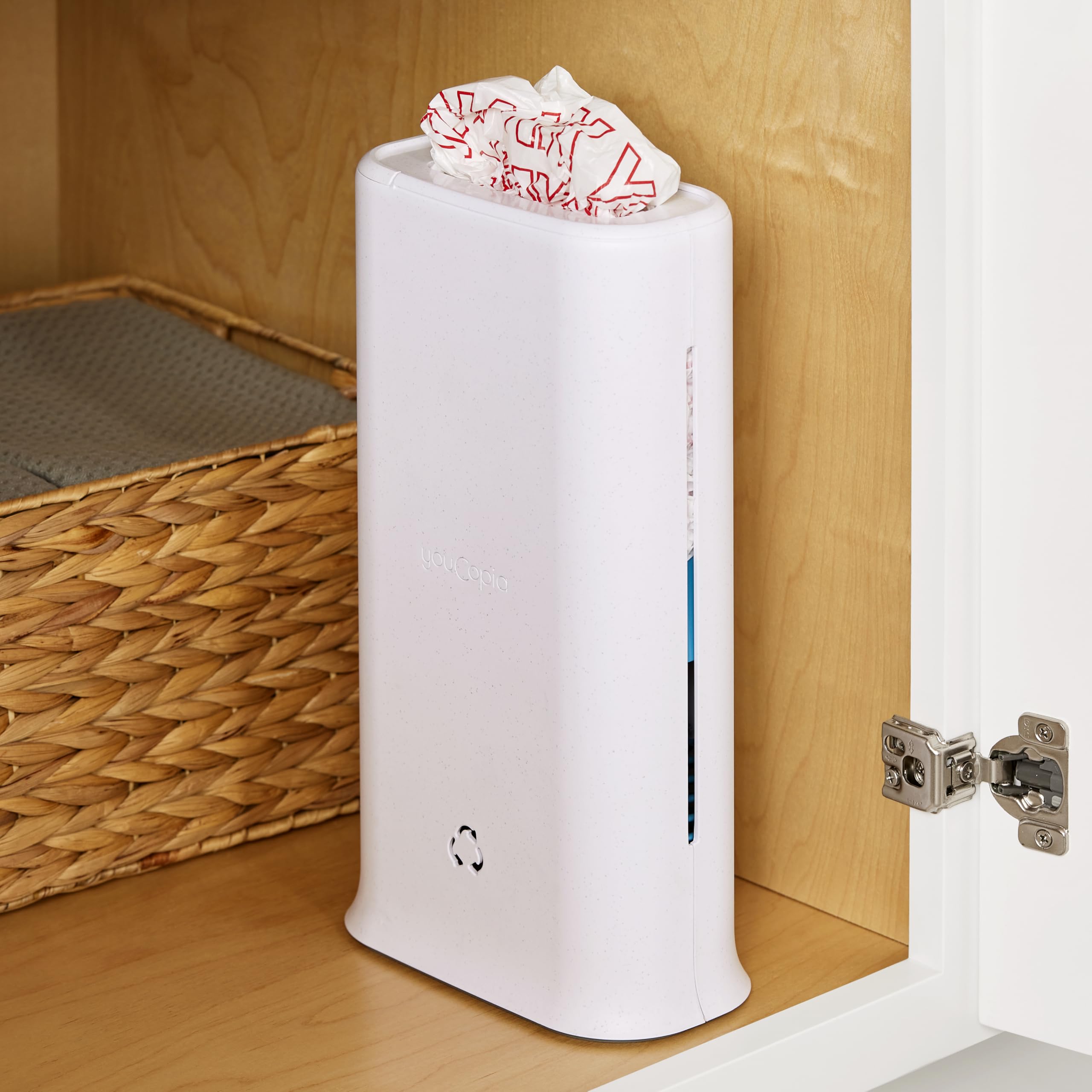 YouCopia StoraBag Plastic Bag Dispenser - Space Saving Kitchen Organizer for Grocery Bags, Cabinet & Pantry Storage - Compact White Bag Holder for Eco-Friendly Reuse - Perfect for Recycling Shopping Bags in Home Kitchen Organization