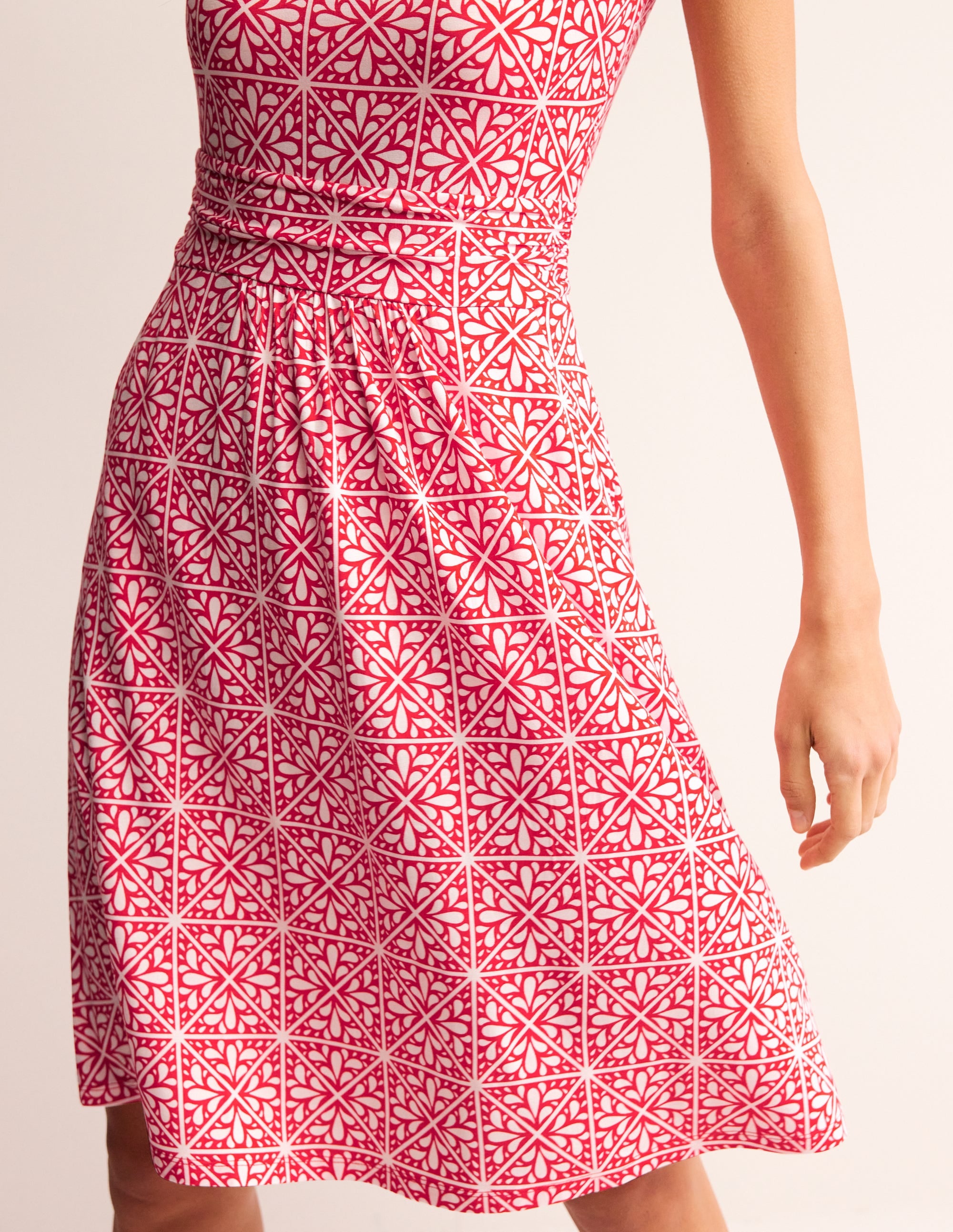 Amelie Floral Mosaic Jersey Dress in Flame Scarlet - Perfect for Summer Outings, Beach Vacations & Casual Wear