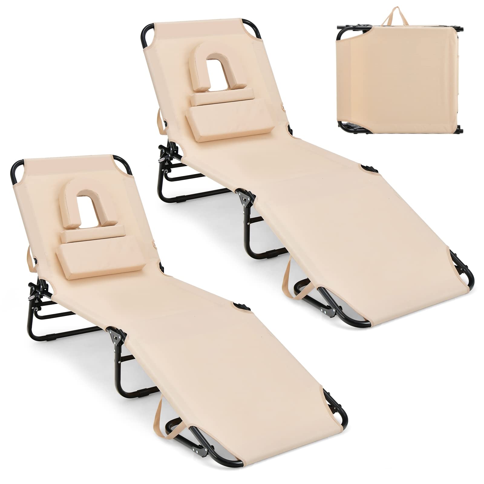 GYMAX 350lbs Heavy Duty Tanning Chair with Face Hole - Adjustable Folding Chaise Lounge for Beach, Poolside, Patio - Includes Washable Pillow & Carry Strap - Perfect for Sunbathing, Relaxing Outdoors, Backyard Lounging (Beige, 2-Pack)