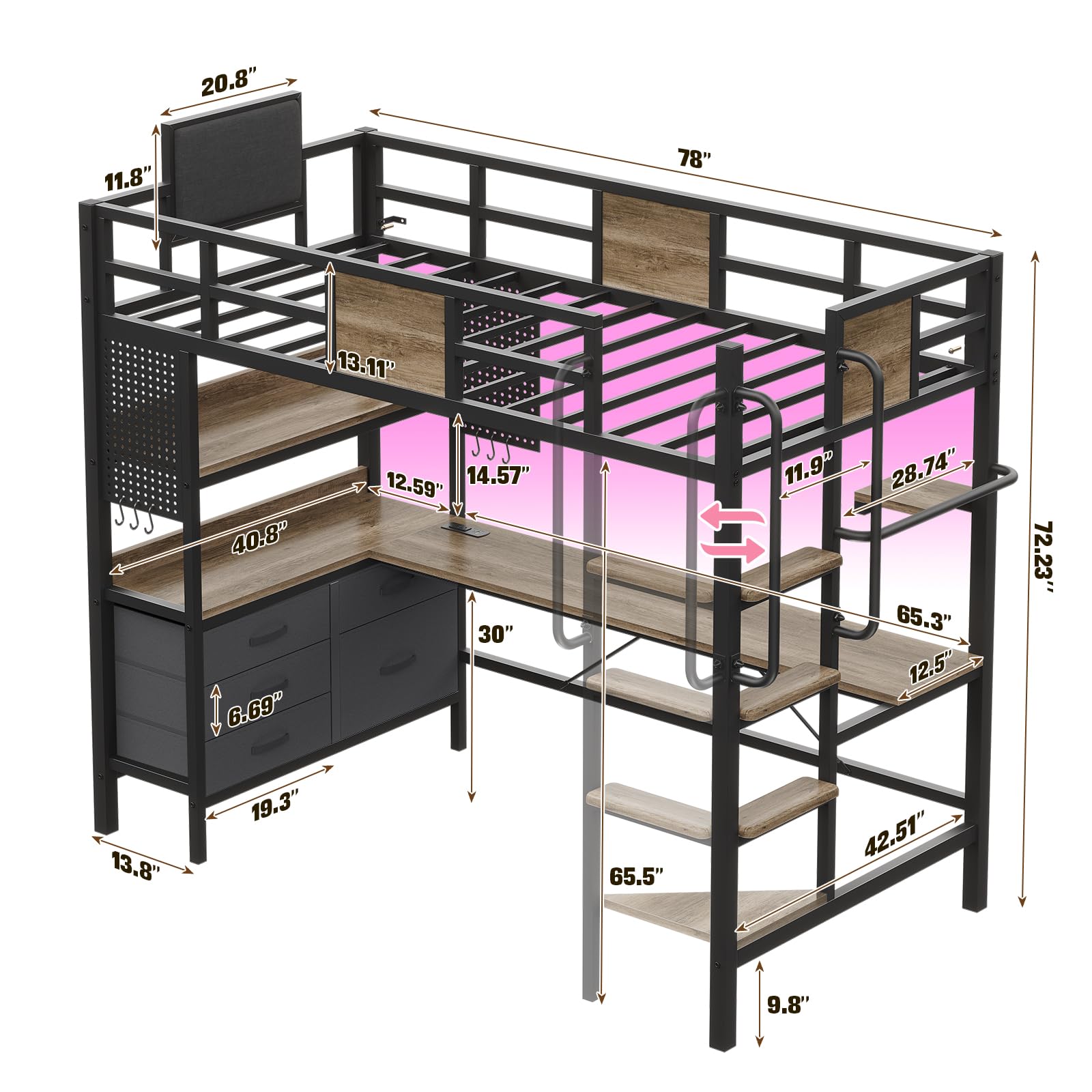 **Twin Size Loft Bed with L-Shaped Desk & Storage - Metal Bunk Bed Frame with Built-in Desk, LED Lights, Charging Station, 5 Drawers, 2 Pegboards & Clothes Rack - Noise-Free, Gray - Perfect for Small Spaces, Dorm Rooms & Kids' Bedrooms**