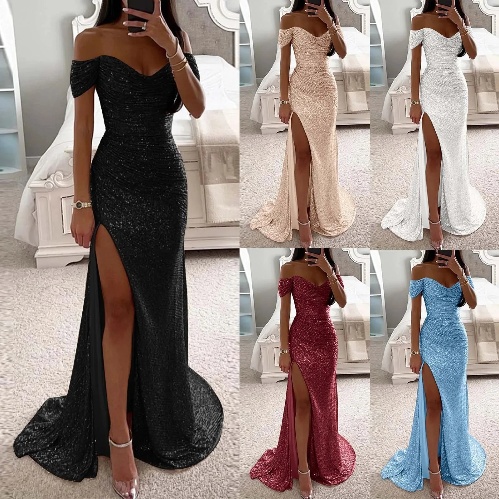 Elegant Off Shoulder Sequin Mermaid Maxi Dress for Women | 2025 Prom Party Evening Gown | Perfect for Formal Events, Weddings & Special Occasions