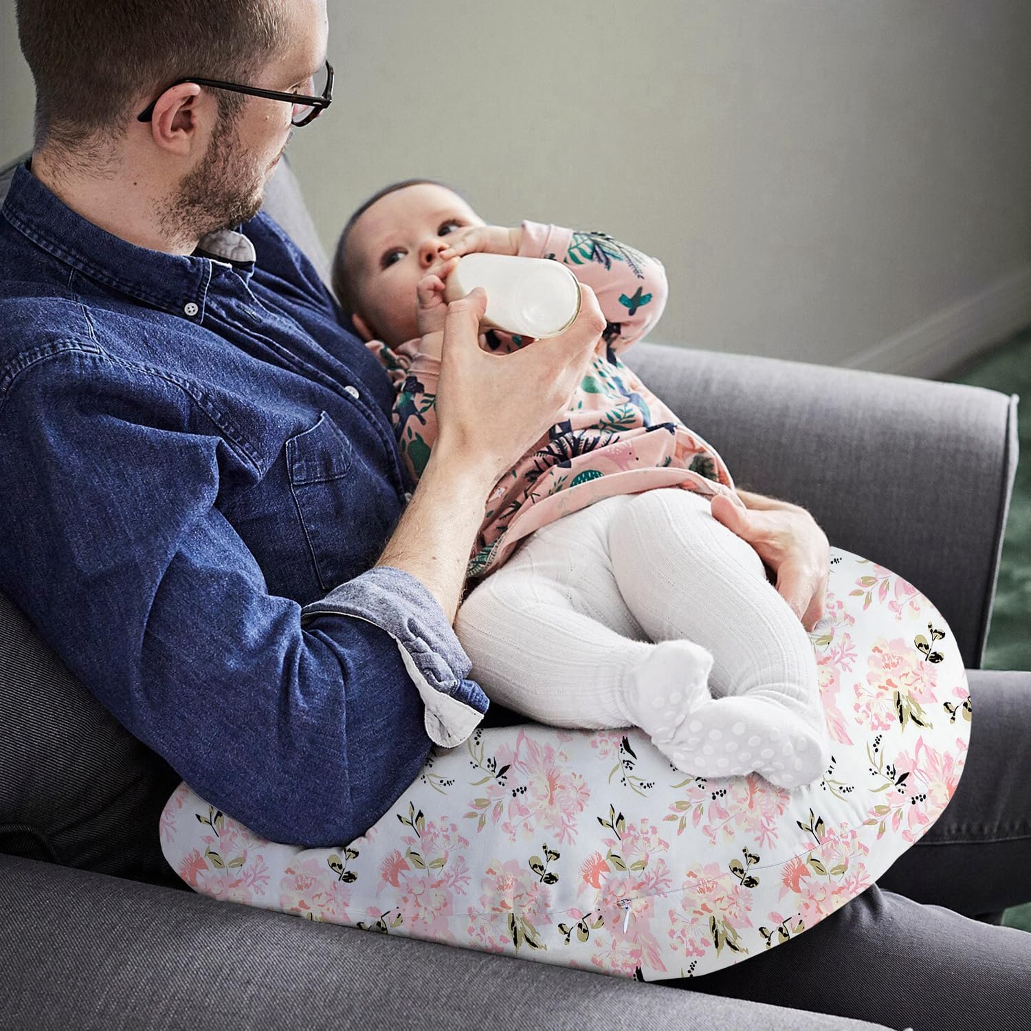 Lumono Nursing Pillow for Breastfeeding - Ergonomic Support Pillow for Moms & Babies 0-12 Months with Breathable Filling & Cute Rose Floral Cover - Perfect for Breastfeeding, Bottle Feeding & Tummy Time