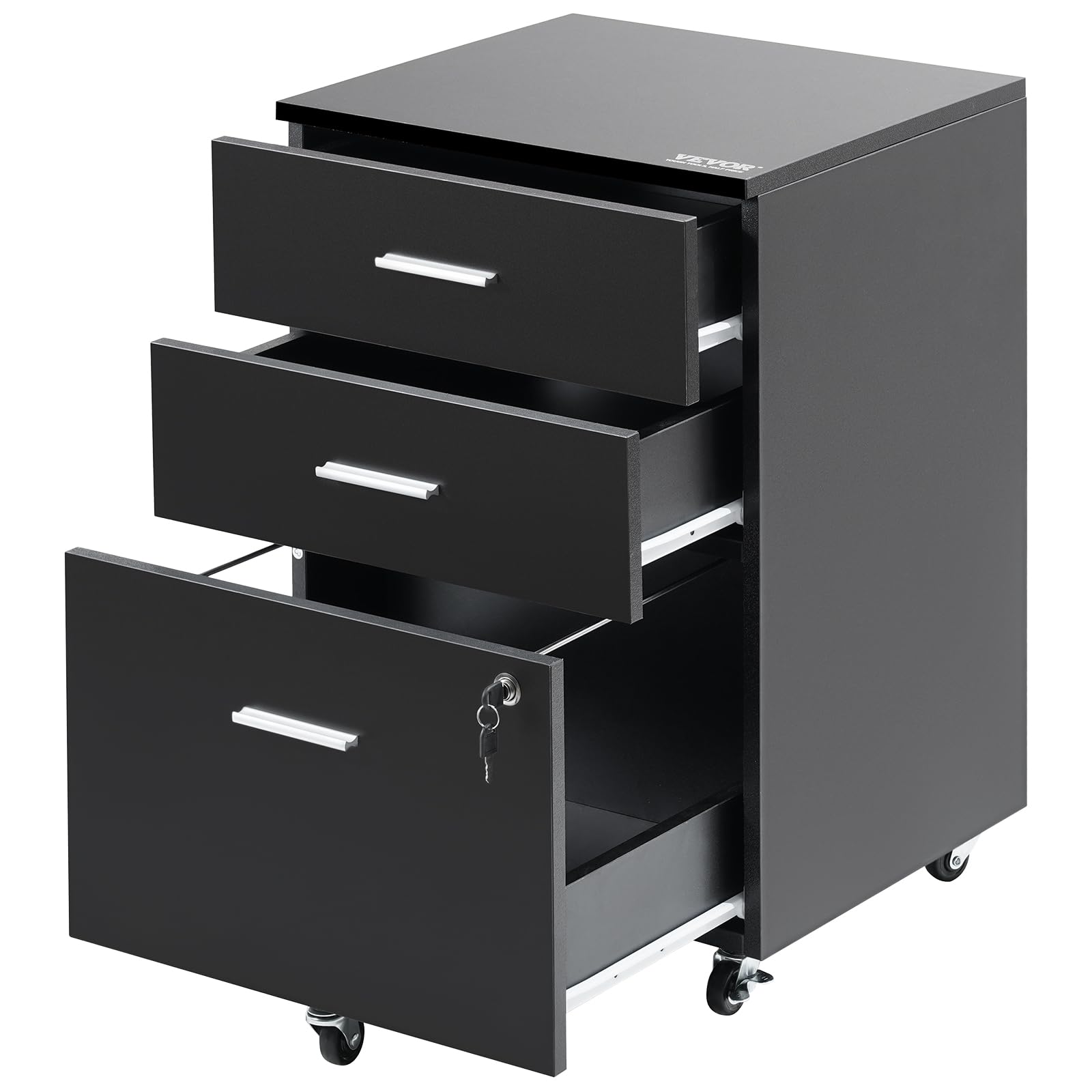 VEVOR 3-Drawer Wood File Cabinet with Lock - Letter/A4 Size Office Storage - 5-Wheel Rolling Design for Home & Office - Black - Perfect for Document Organization & Workspace Storage