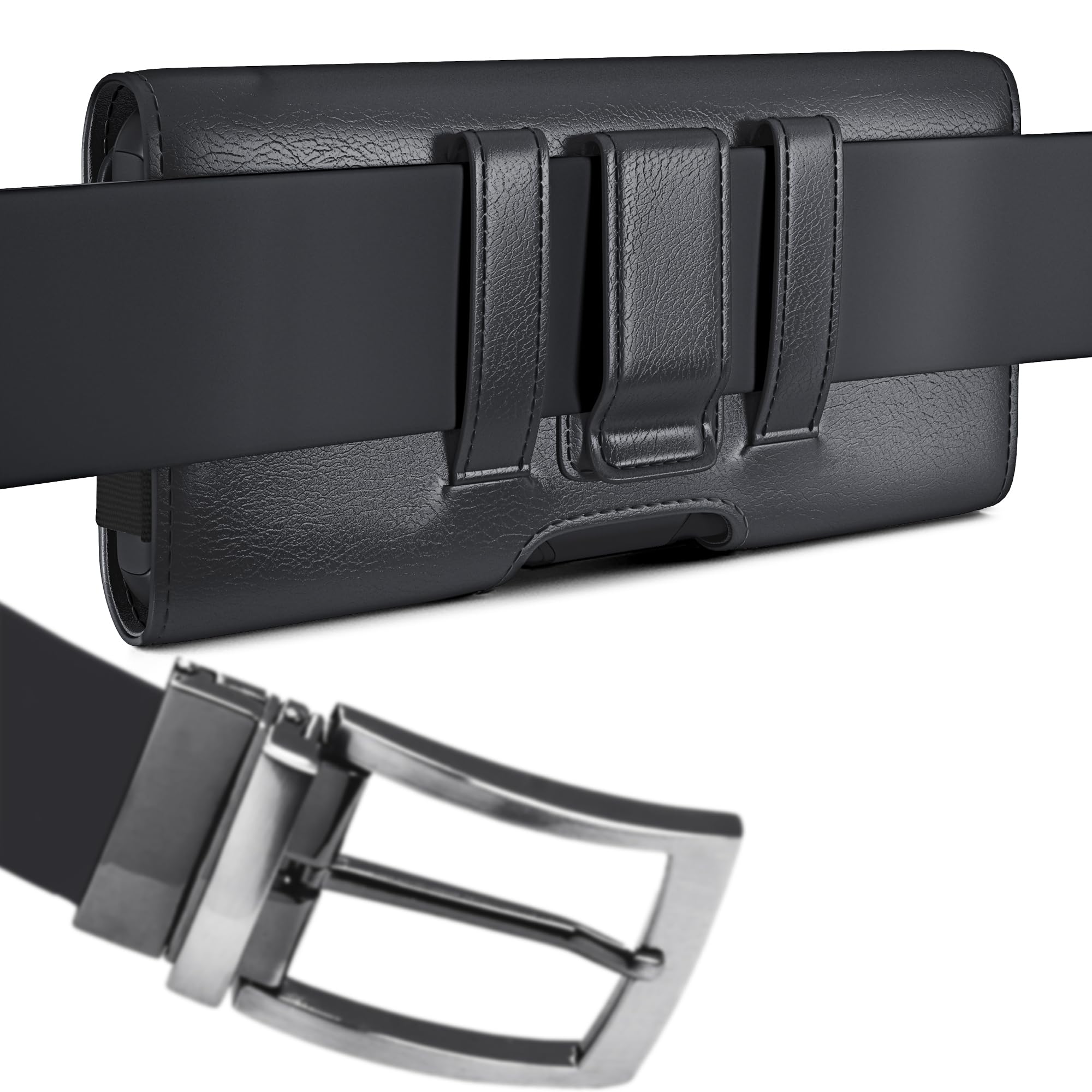 DeBin iPhone 16 Pro Max/16 Plus/15 Pro Max/14 Plus/13/12/11/Xs/8/7/6s Belt Holster - Men's Leather Phone Case with Clip & ID Card Holder - Compatible with Otterbox Commuter Case (Large, Black) - Perfect for Work, Travel & Outdoor Activities