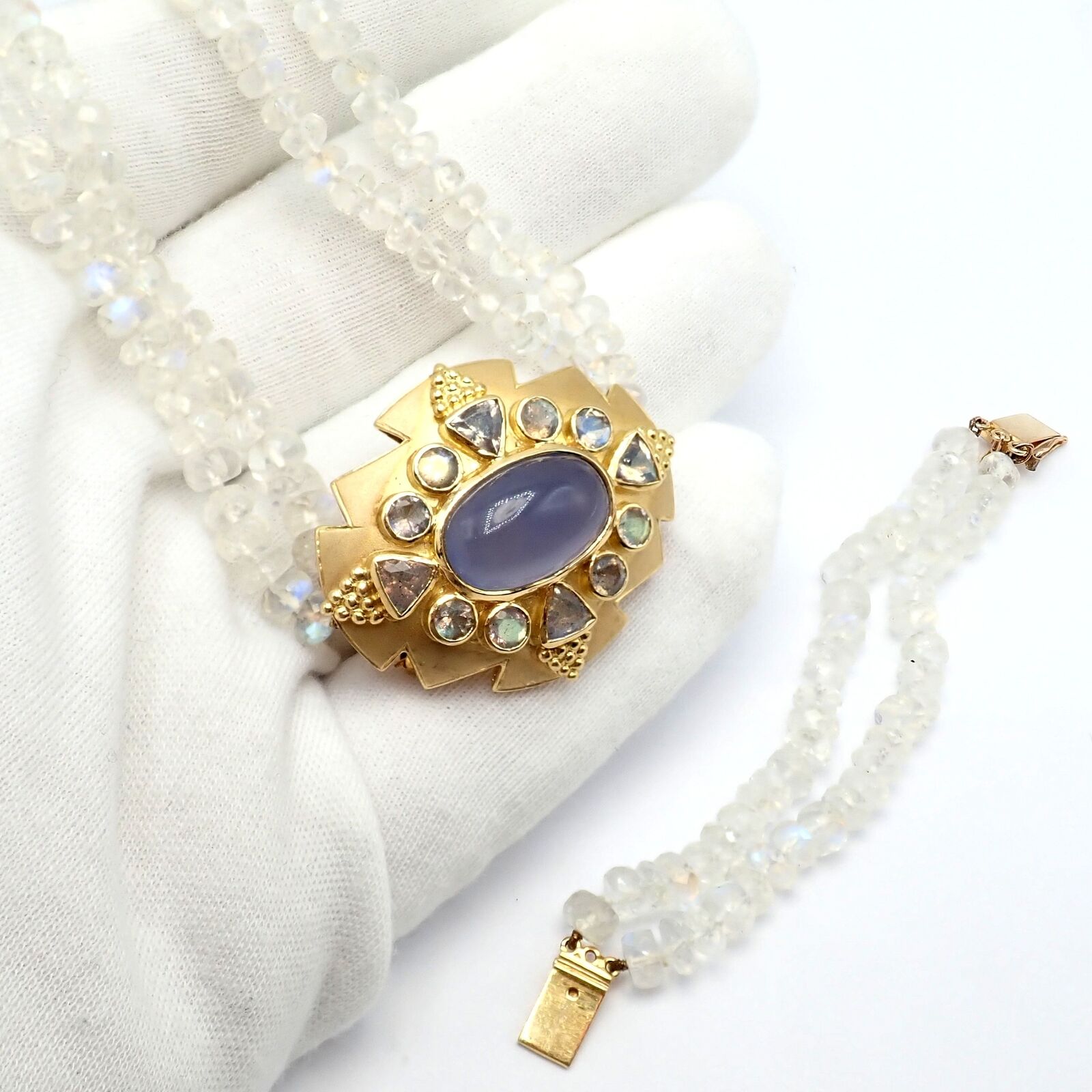 Paula Crevoshay 18k Gold Moonstone Chalcedony Jewelry Set - Brooch, Bracelet & Necklace OOAK for Special Occasions & Luxury Gifts