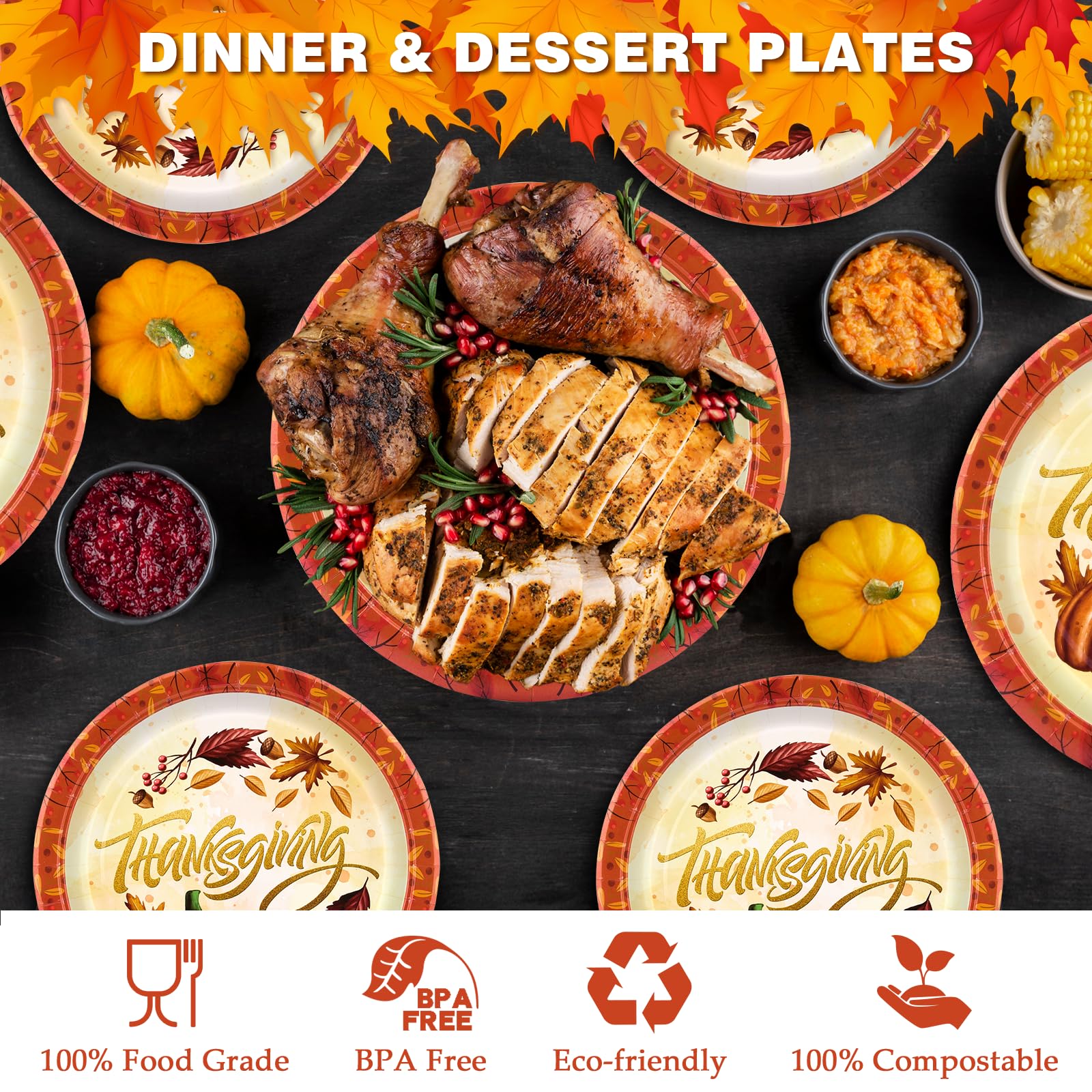EPHYO 50-Pack Thanksgiving Paper Plates 7in & 10in - Fall Disposable Plates with Leaves & Pumpkin Design, Autumn Harvest Compostable Dinnerware for Dessert, Appetizer, Cake & Party Supplies | Perfect for Thanksgiving Dinner, Family Gatherings & Holiday Celebrations