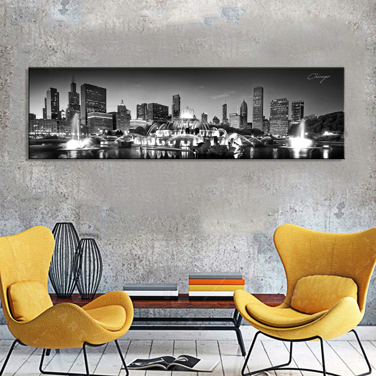 Chicago Skyline Canvas Wall Art - Black & White Panoramic Cityscape Print, Modern Home & Office Decor (14x48