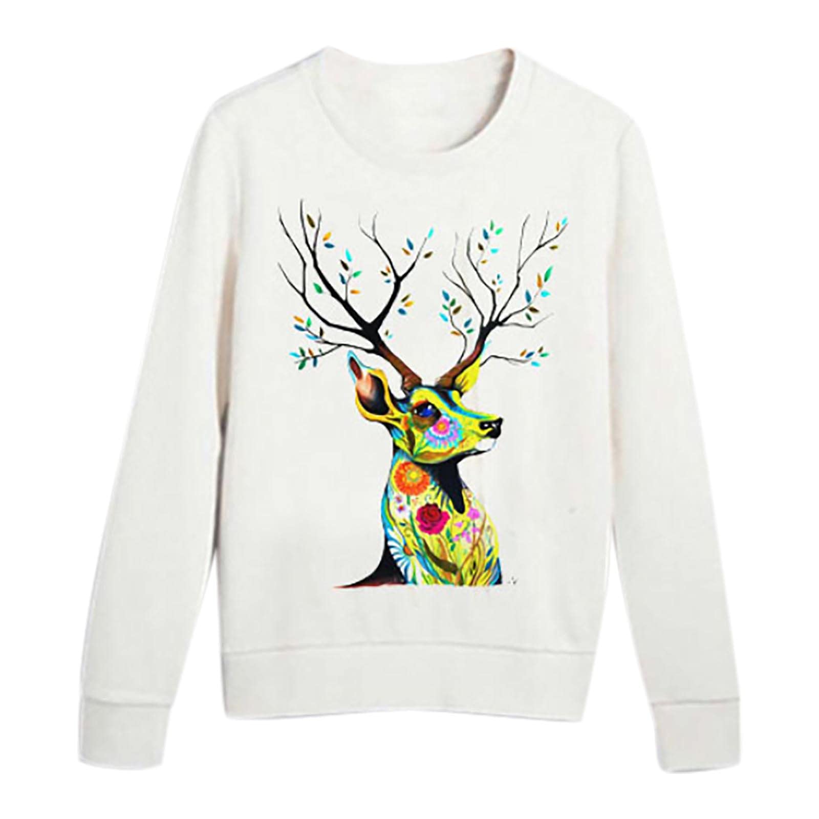 Women's Long Sleeve Crewneck T-Shirt with Elk Graphic Animal Print - Casual Comfort Top for Everyday Wear - Perfect for Outdoor Adventures, Fall Fashion, and Cozy Layering