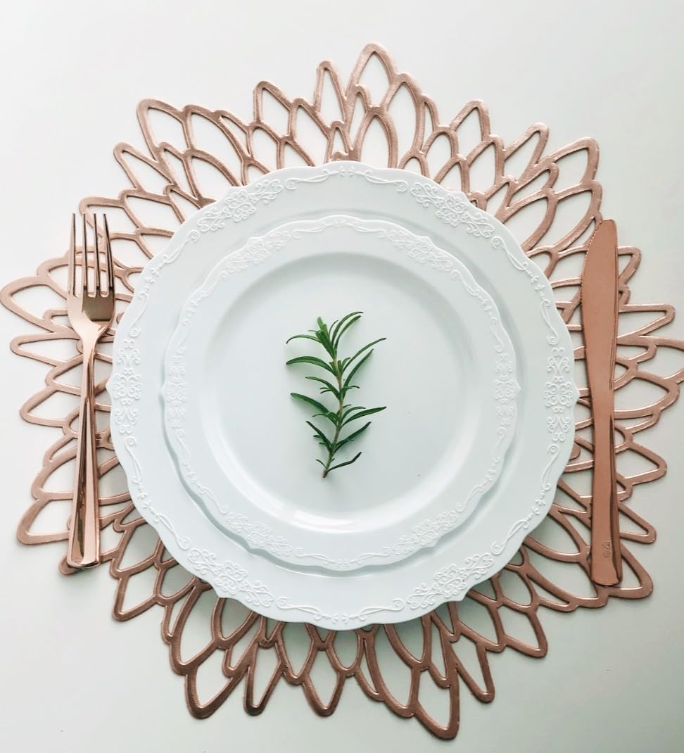 120-Pack Metallic Pressed Vinyl Placemats for Weddings & Events - Elegant Leaf Design in Rose Gold - Perfect for Table Settings, Party Decor, and Special Occasions