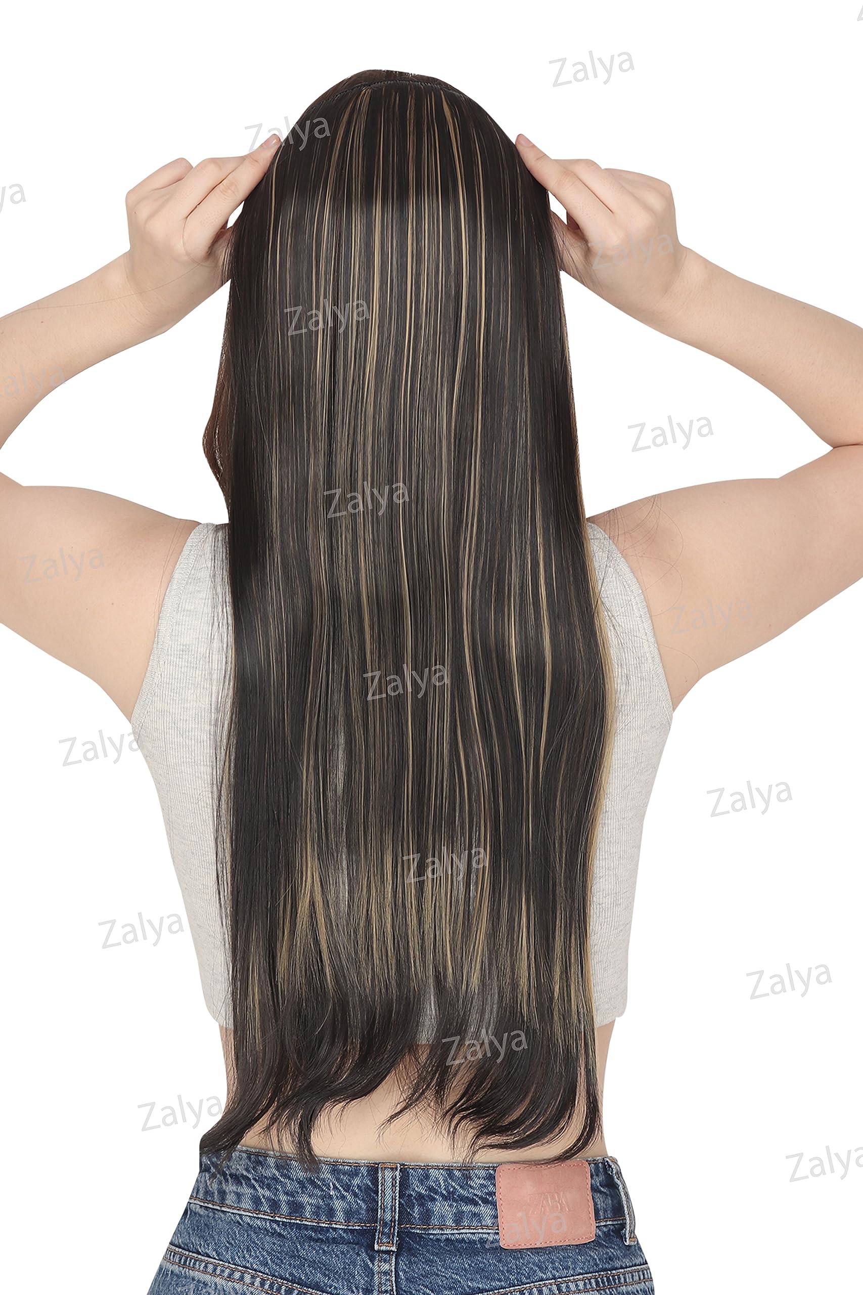 ZALYA 24-Inch Brown & Golden Highlight Synthetic Straight Hair Extensions with 5 Clips - Perfect for Women & Girls | Great for Parties, Weddings & Daily Styling
