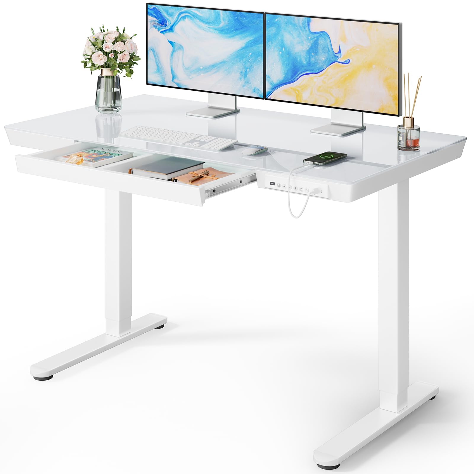 Marsail 48 x 24 Inch Electric Height Adjustable Standing Desk with Drawer Storage, USB Charging Ports & One-Piece Tabletop - White | Ergonomic Sit Stand Desk for Home Office, Gaming & Workspace
