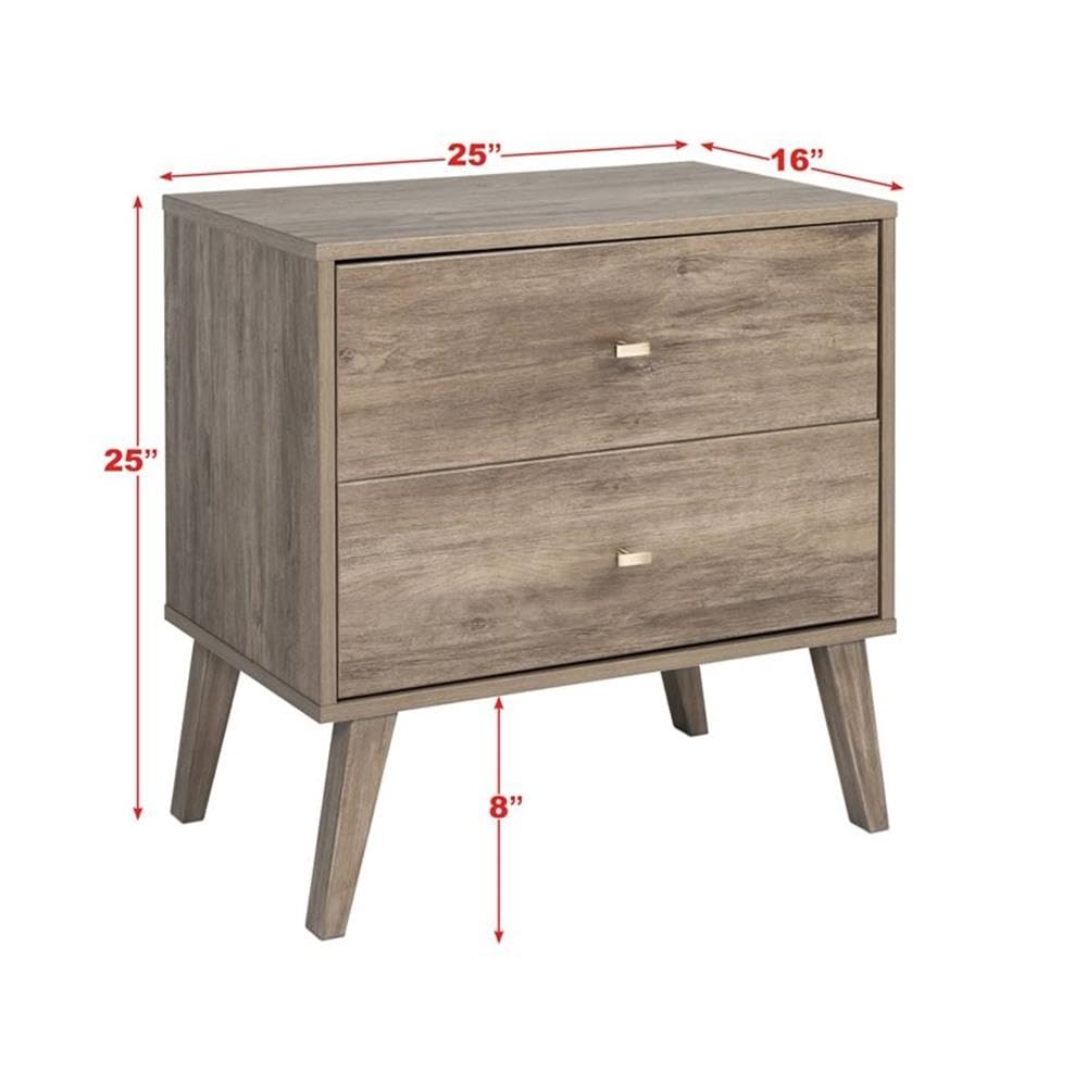 Allora Mid Century Modern 2 Drawer Wooden Nightstand - Drifted Gray Finish Bedside Table for Bedroom, Living Room & Office Storage | Compact Night Stand with Drawers for Home Decor