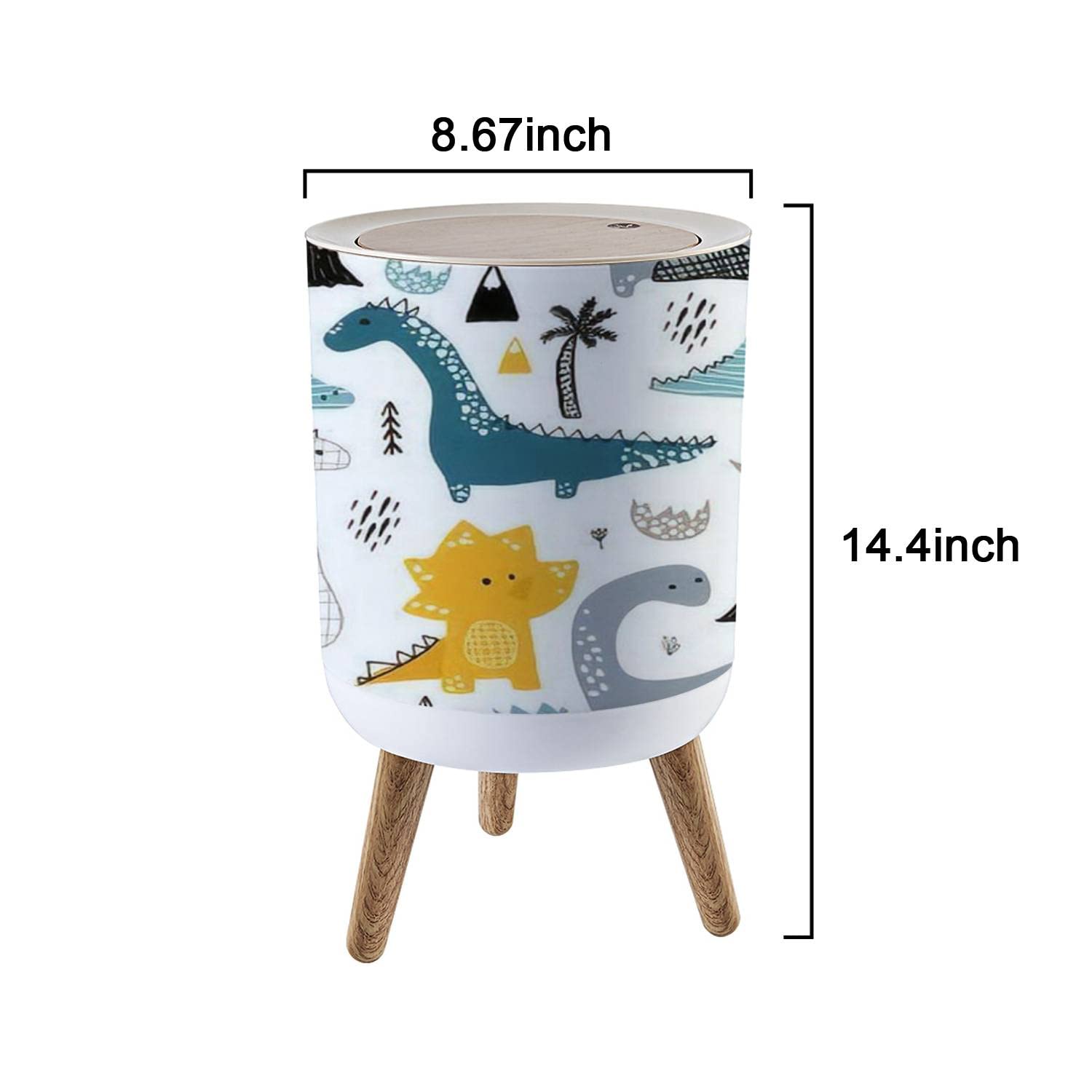 Nordic Style Trash Can with Lid - 1.8 Gallon (7L) Scandinavian Modern Push Top Garbage Bin Featuring Hand-Drawn Dinosaur Design | Perfect for Kids' Rooms, Nursery, Playroom & Scandinavian Home Decor