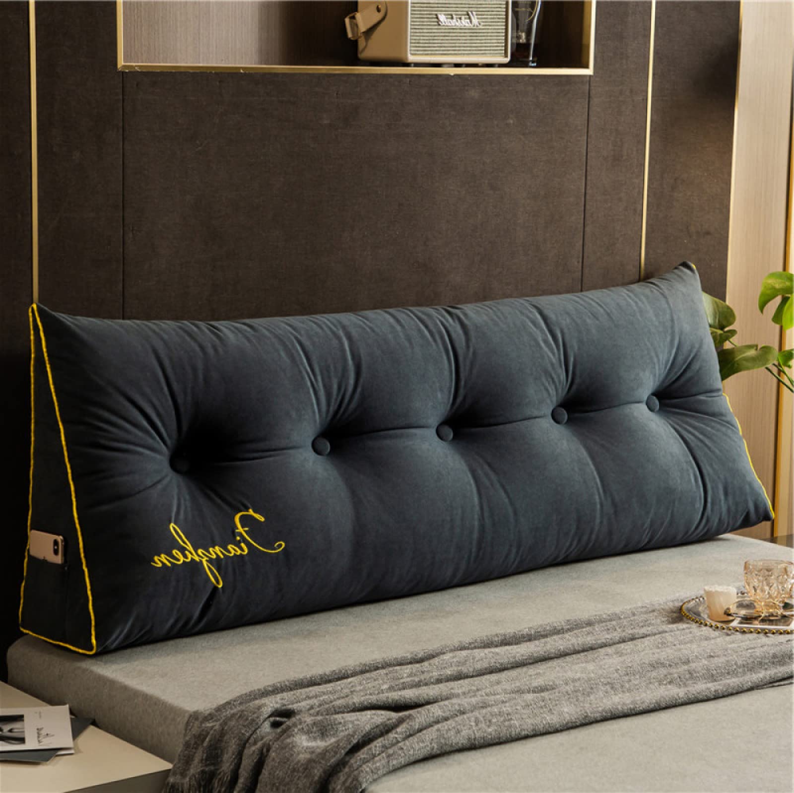 Triangular Wedge Pillow with Letter Embroidery - Blue (60×50×20cm) for Reading & Daybed Support