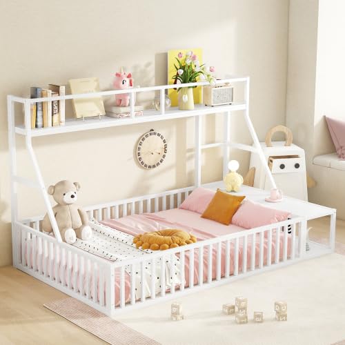 Full Size Kids Floor Bed with Safety Fence - White Metal Bed Frame with Built-in Desk & Storage Shelves for Toddlers and Children | Perfect for Small Bedrooms, Montessori Rooms, and Play Areas