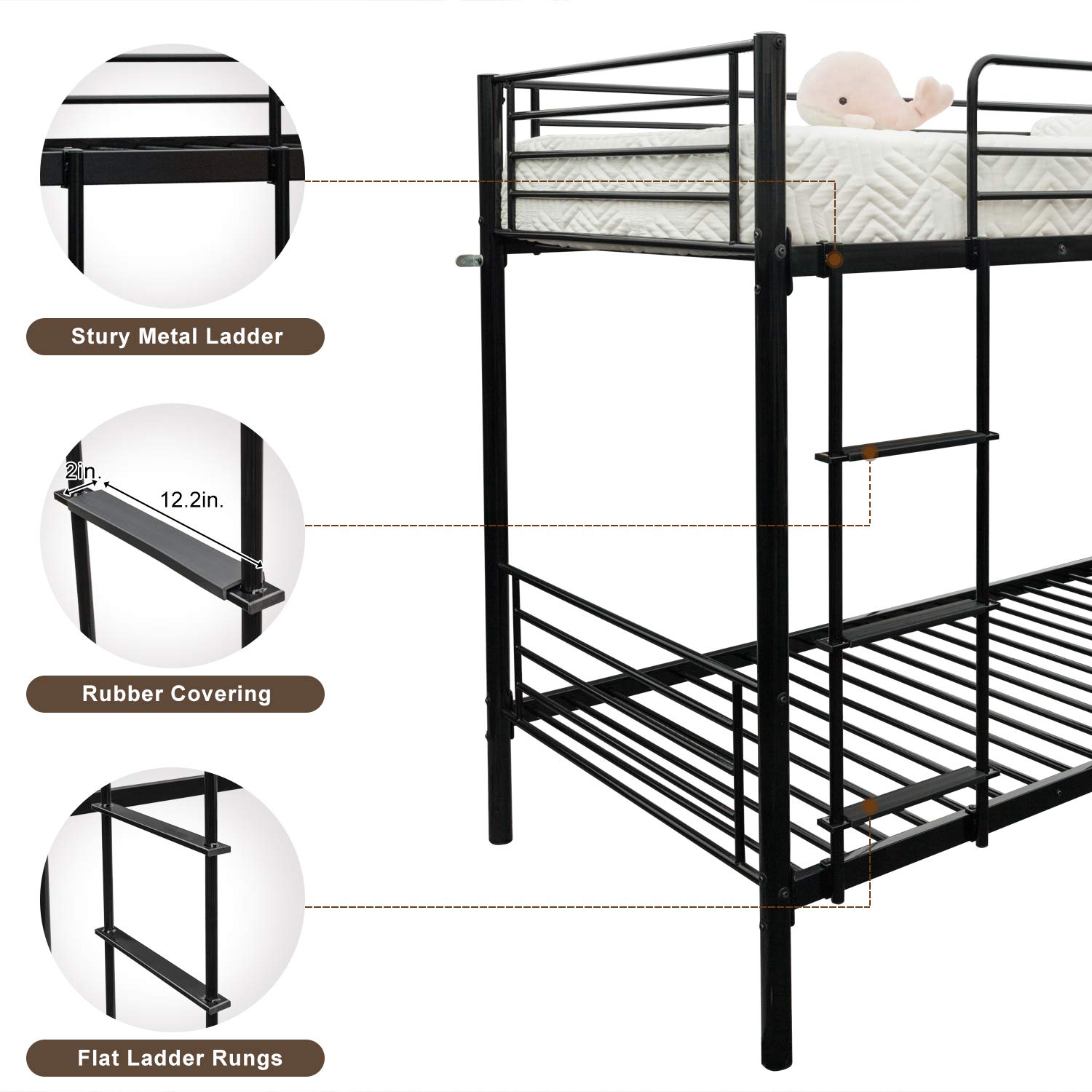 Bonnlo Twin Over Twin Bunk Bed for Kids, Teens & Adults - Heavy Duty Metal Bunk Bed with Flat Ladder & 13