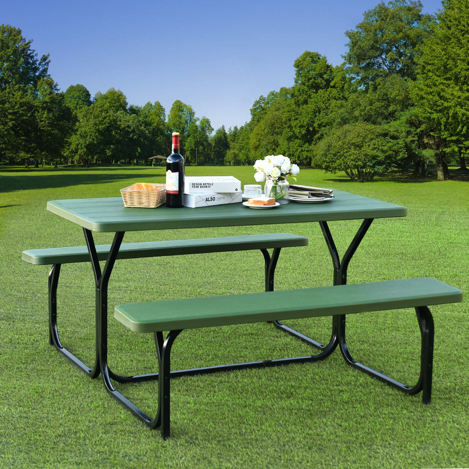 Giantex 7-Piece Outdoor Picnic Table Bench Set - All-Weather Metal Base for Camping, Backyard, Poolside, Garden, Patio, Deck - Durable & Spacious Green Dining Table for Parties, BBQs & Family Gatherings
