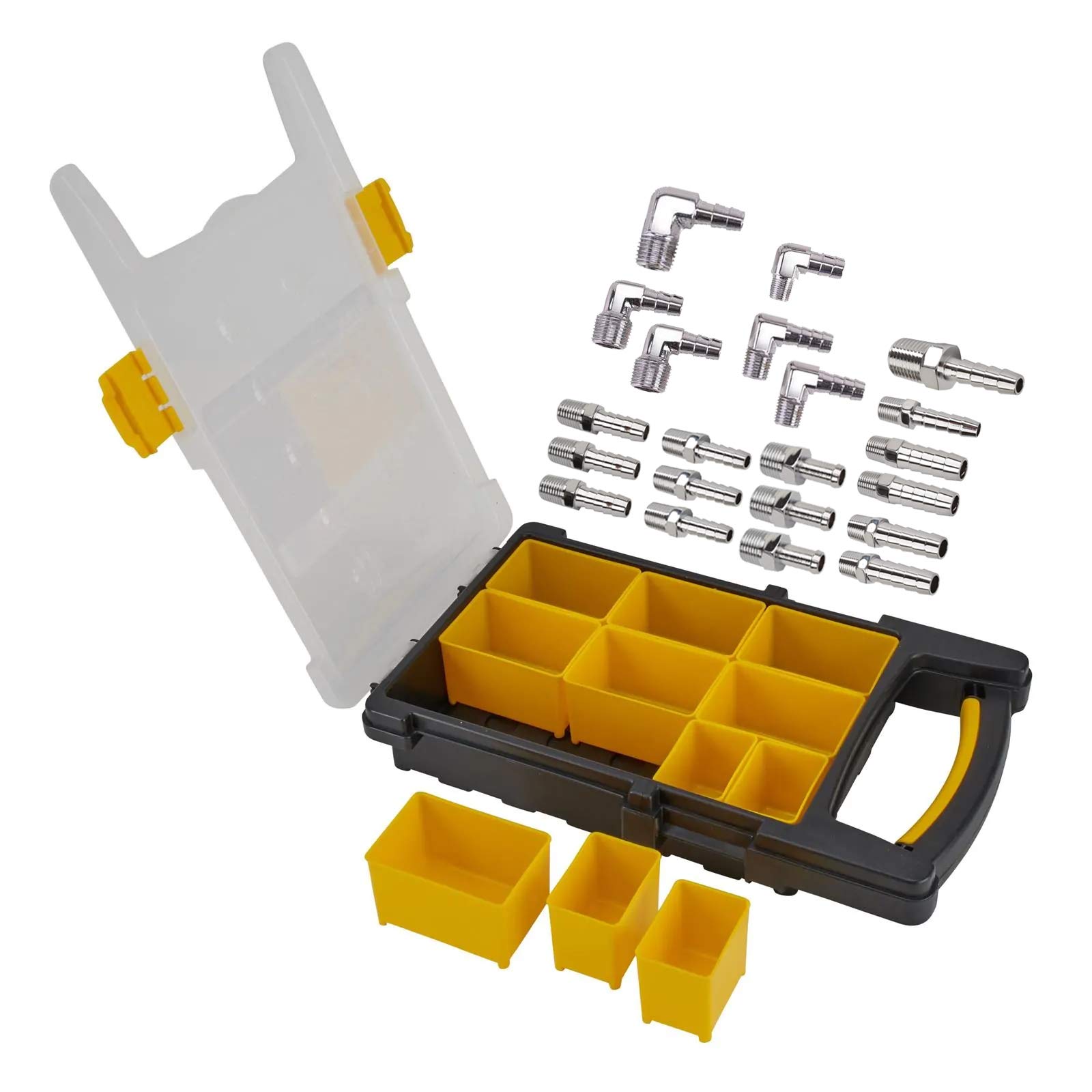 Speedway Chrome NPT to Hose Barb Fitting Master Kit with Organizer - Perfect for Automotive, Plumbing, and Industrial Fluid Transfer Applications