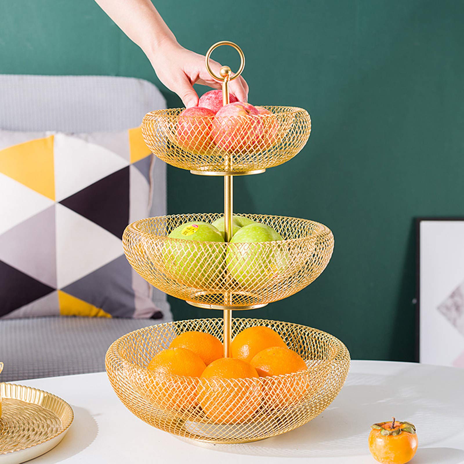 2-Tier & 3-Tier Gold Metal Wire Fruit Basket - Modern Nordic Style Countertop Organizer for Fruits, Vegetables & Bread - Perfect for Kitchen Counter, Dining Table & Pantry Storage
