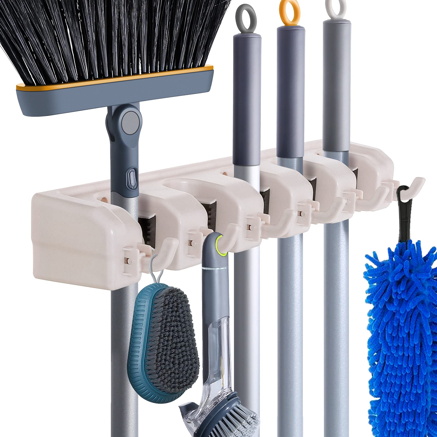 HYRIXDIRECT Heavy Duty Wall Mount Broom & Mop Holder with Hooks - Garage, Laundry Room & Garden Tool Organizer Rack for Space Saving Storage | Perfect for Home, Kitchen, Bathroom & Workshop Organization
