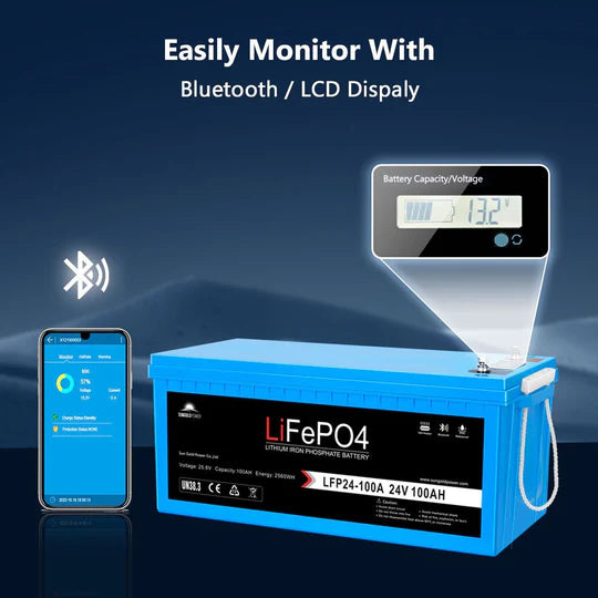 24V 100Ah LiFePO4 Deep Cycle Lithium Battery with Bluetooth, Self-Heating & IP65 - Perfect for RVs, Solar Systems, Marine & Off-Grid Power Storage