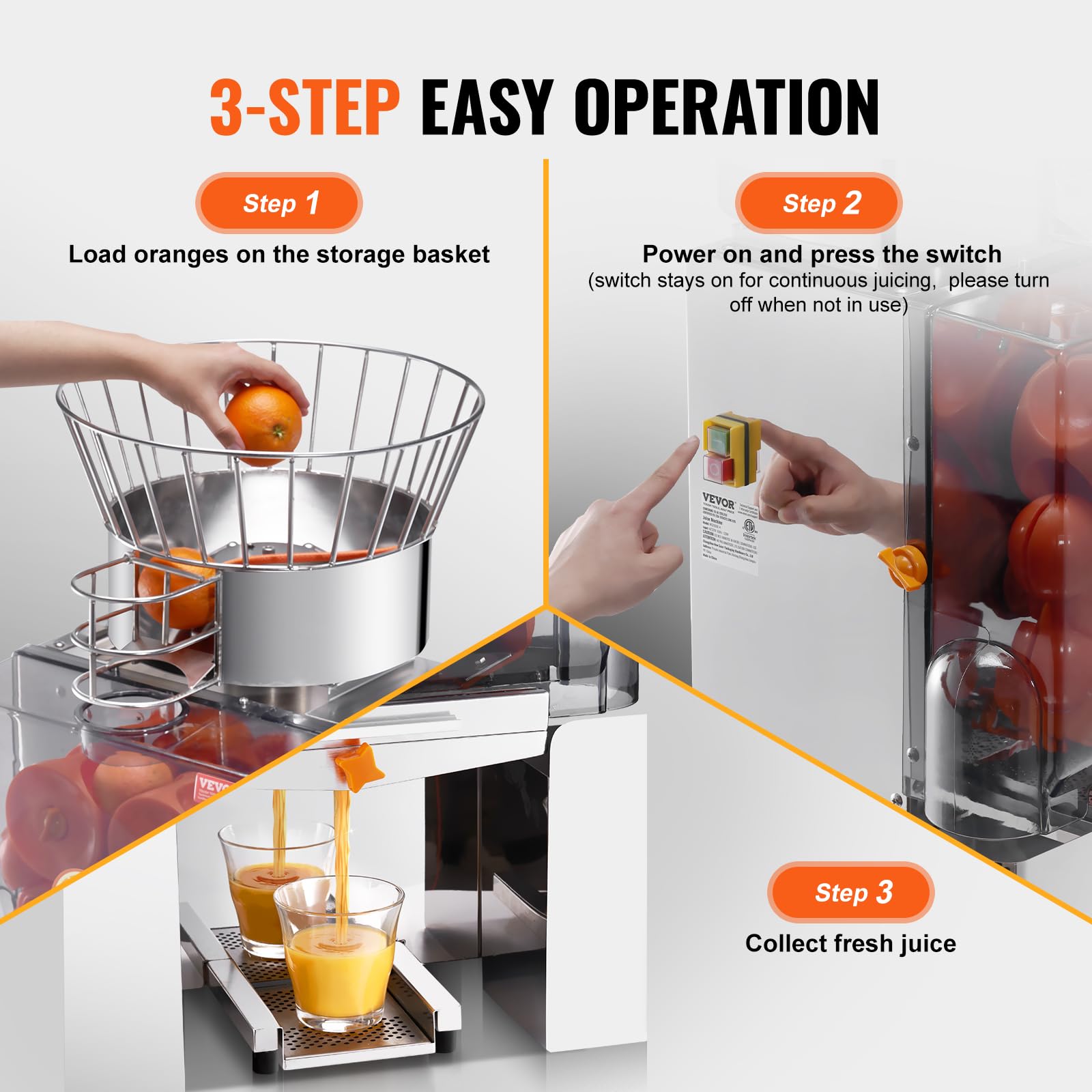 VEVOR Commercial Orange Juicer Machine - 120W Automatic Feeding Juice Extractor with Stainless Steel Construction, Pull-Out Filter Box & 2 Peel Buckets - High Capacity 25 Oranges/Min for Restaurants, Juice Bars & Catering Services