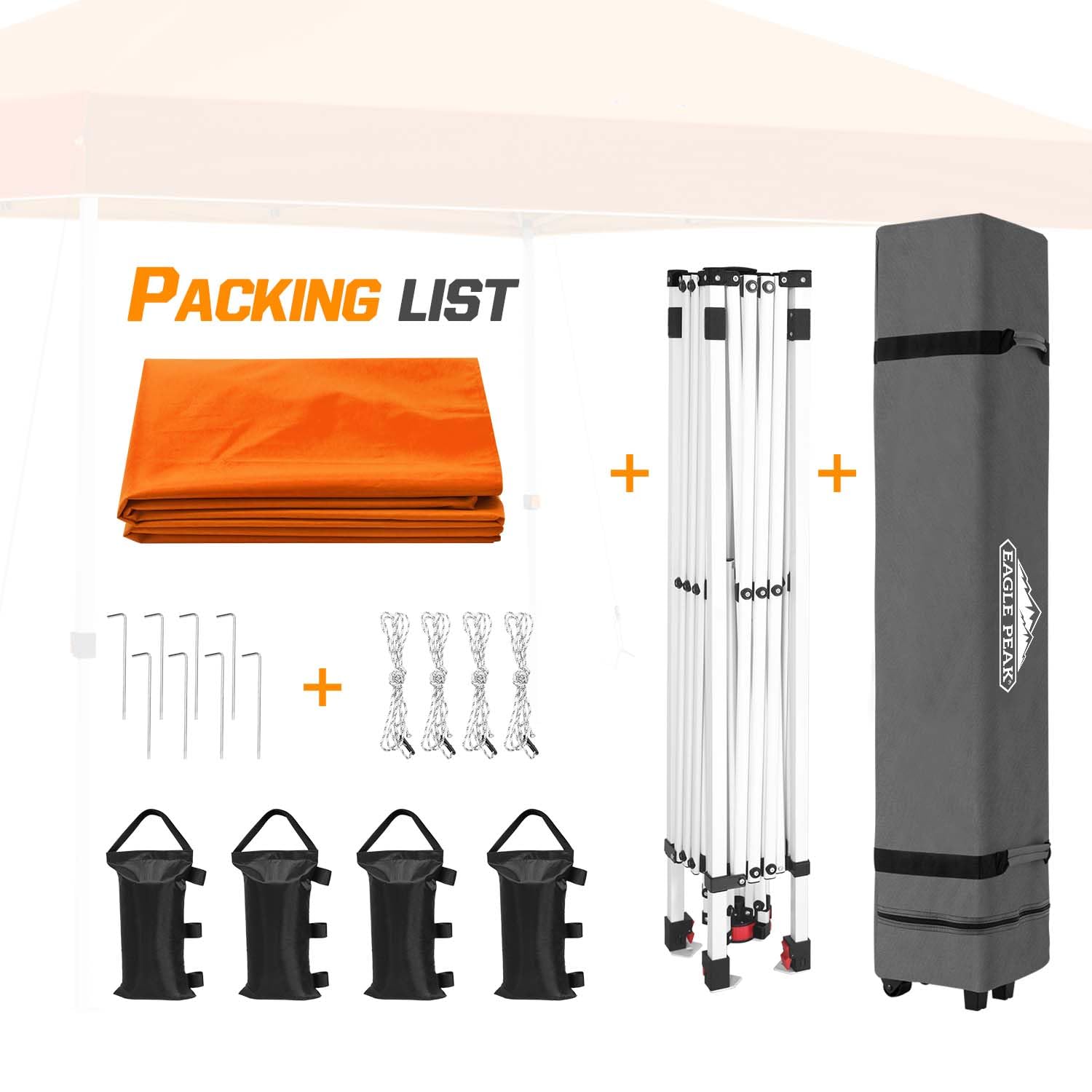 EAGLE PEAK 10x10 ft Pop Up Canopy Tent with Wheeled Carry Bag - Includes 8 Stakes, 4 Ropes & 4 Weight Bags - Easy Setup Instant Shelter for Outdoor Events, Beach, Camping & Backyard Parties - 100 sq ft Shade Coverage in Orange