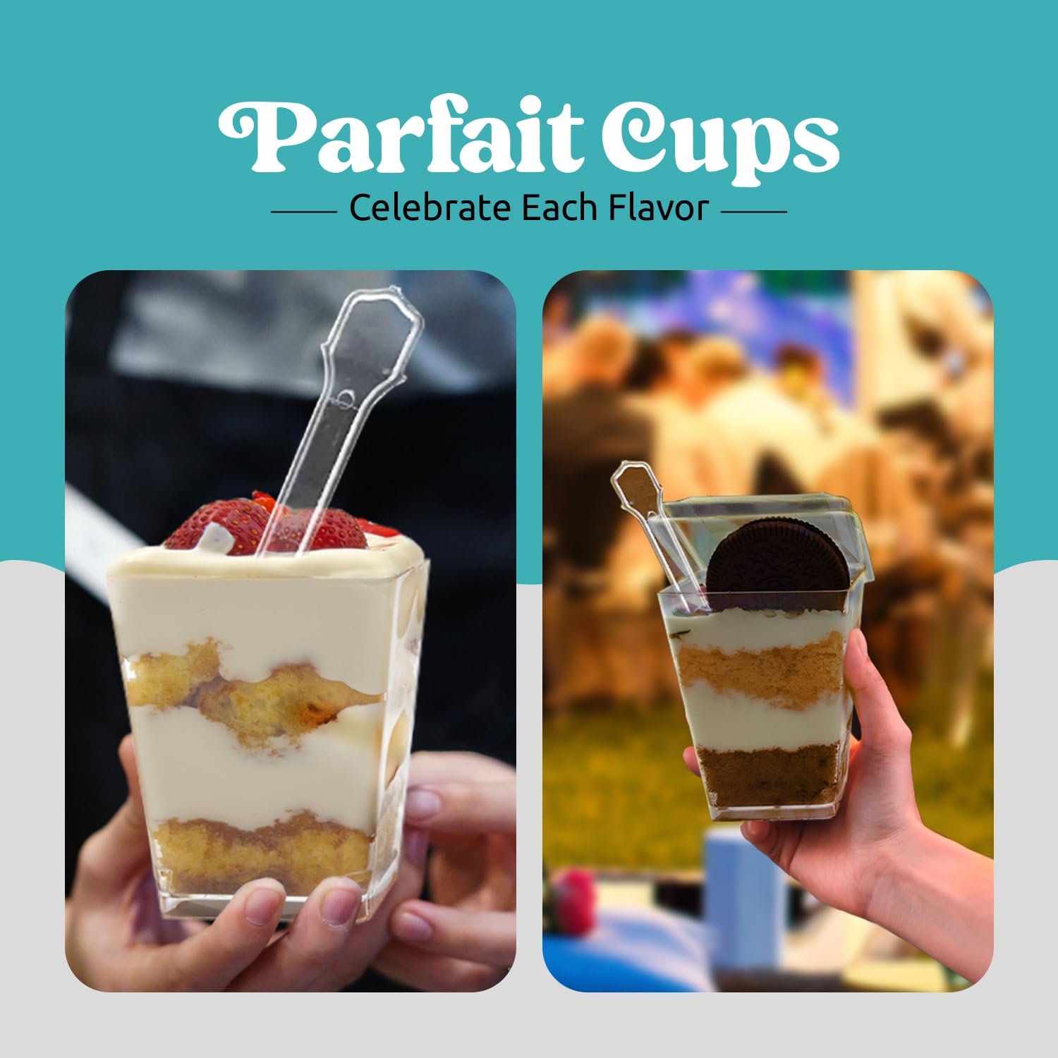 5 oz Plastic Dessert Cups with Lids and Spoons (50 Pack) - Reusable Parfait Cups for Mousse, Tiramisu, Pudding, Salads & Party Appetizers - Perfect for Catering, Weddings, Birthday Parties & Picnics