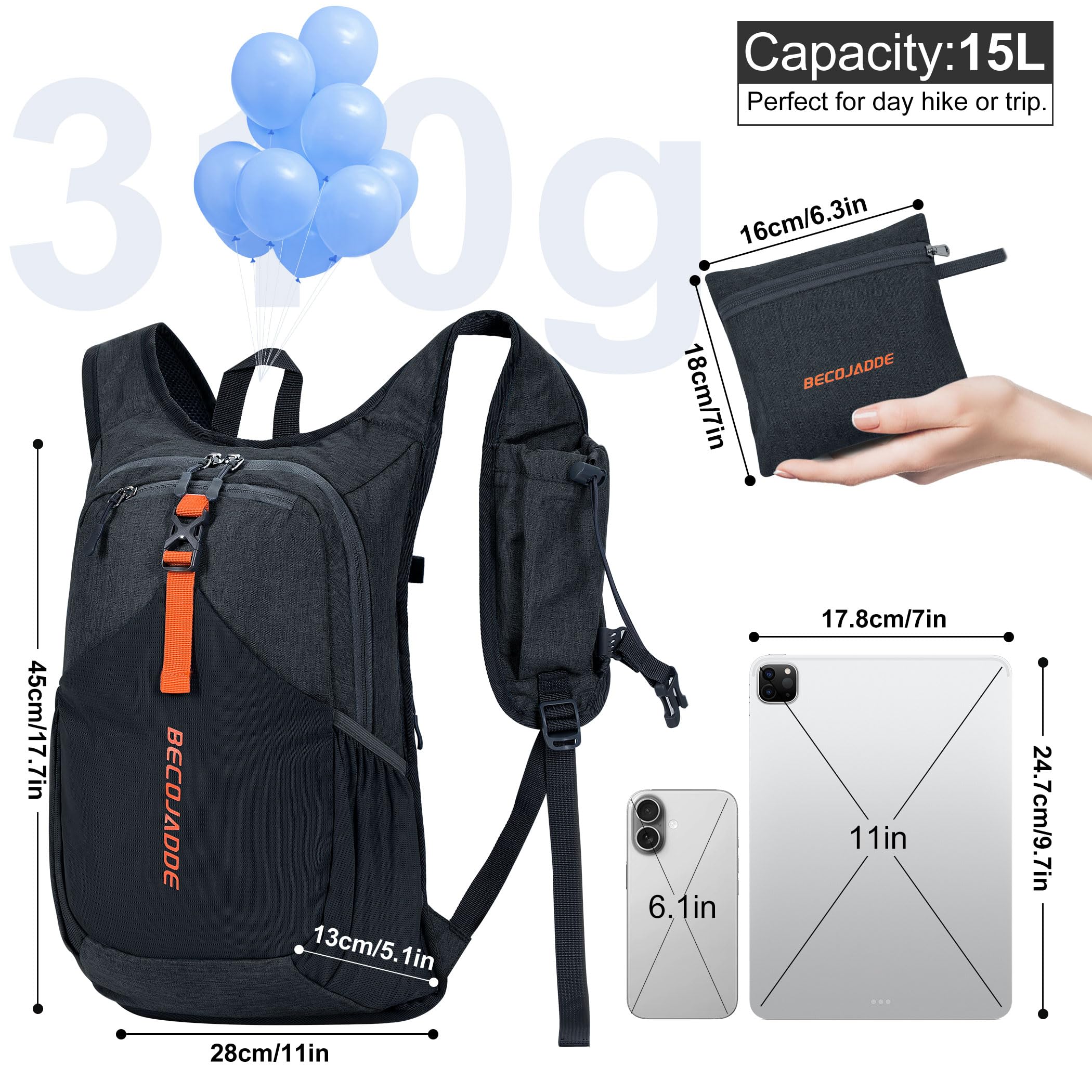 15L Ultralight Foldable Hiking Backpack for Men & Women - Water-Resistant Daypack for Travel, Camping, Hiking & Outdoor Adventures (Black) - Perfect for Day Trips, Commuting & Gym Use