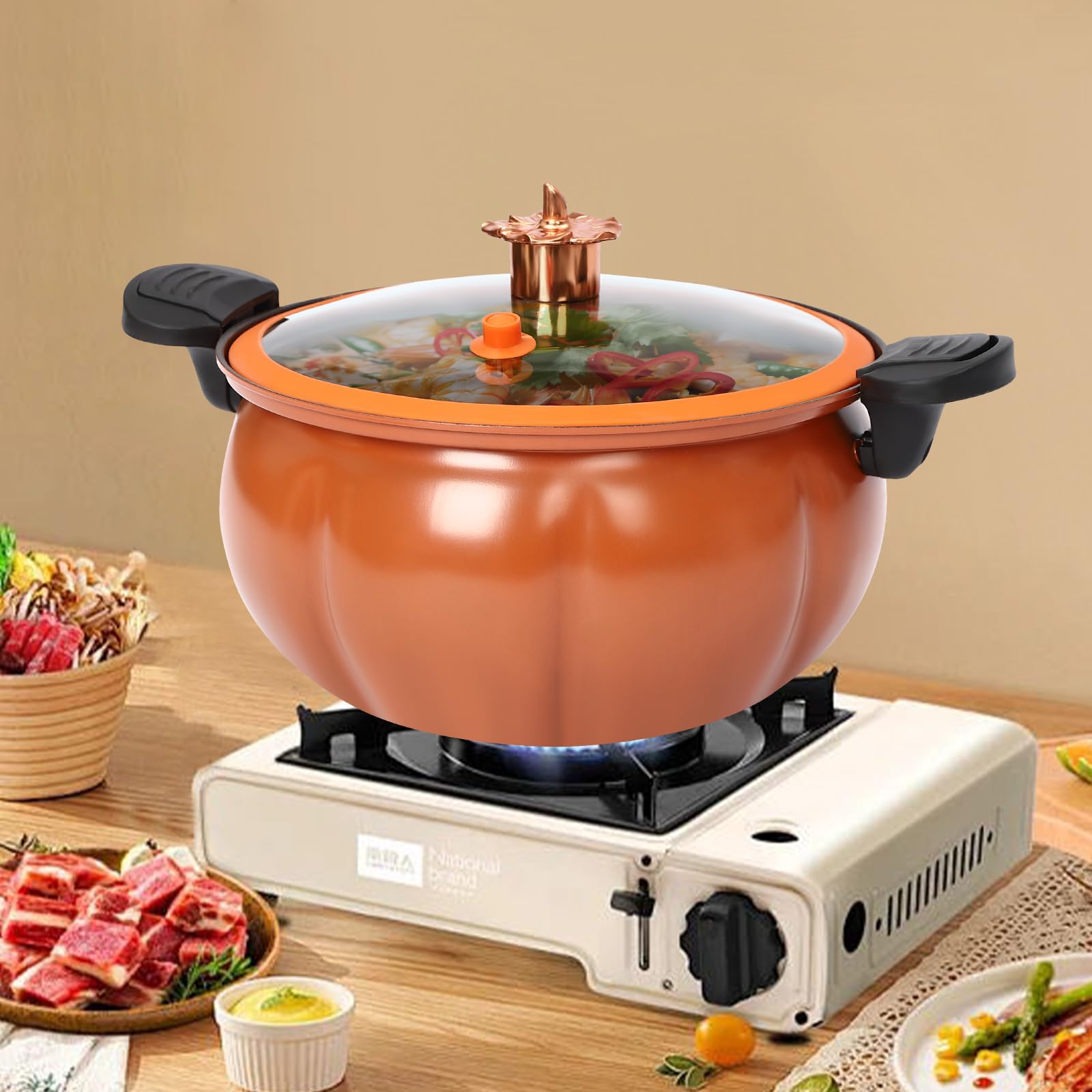 8L/2.11Gal Orange Pumpkin-Shaped Micro Pressure Cooker Pot - Maifan Stone Non-Stick Coating, Multi-Function Home Kitchen Essential for Healthy Cooking, Steaming & Meal Prep