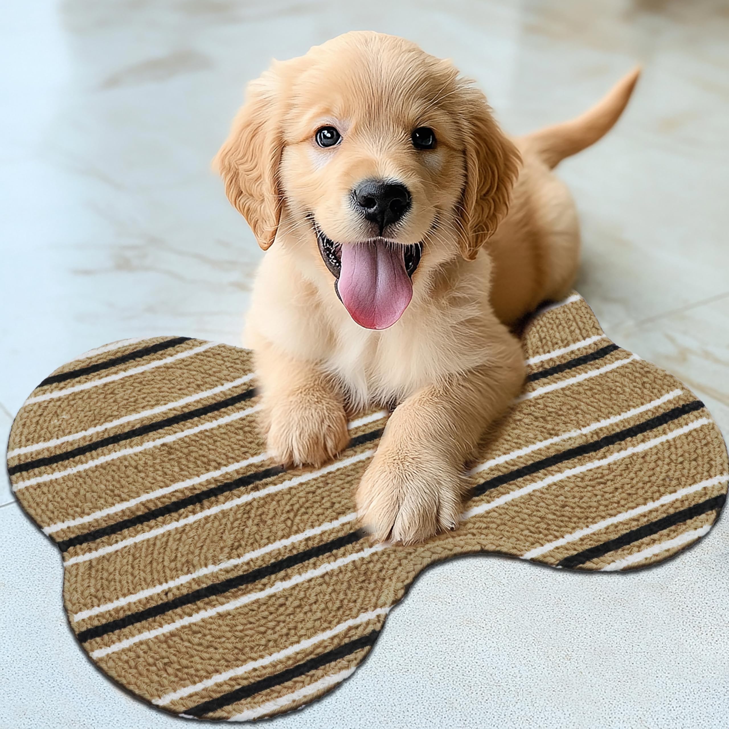 **Cotton Craft Pet Feeding Mat - Absorbent Quick Dry Dog Food & Water Bowl Mat - Bone Shape Paw Wiping Mat for Sofa & Bed - 12x17 Inches Natural Stripe - Ideal for Messy Eaters & Easy Cleanup**