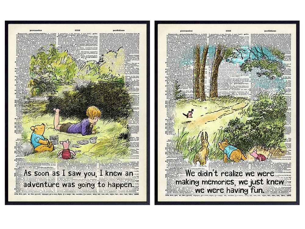Winnie the Pooh Quotes Wall Art - Vintage Nursery Decor for Baby Girls, Boys & Kids Room - Unique Baby Shower Gift for Women - Christopher Robin & Piglet Themed Bedroom Decor - Perfect for Nursery, Playroom & Children's Birthday Gifts