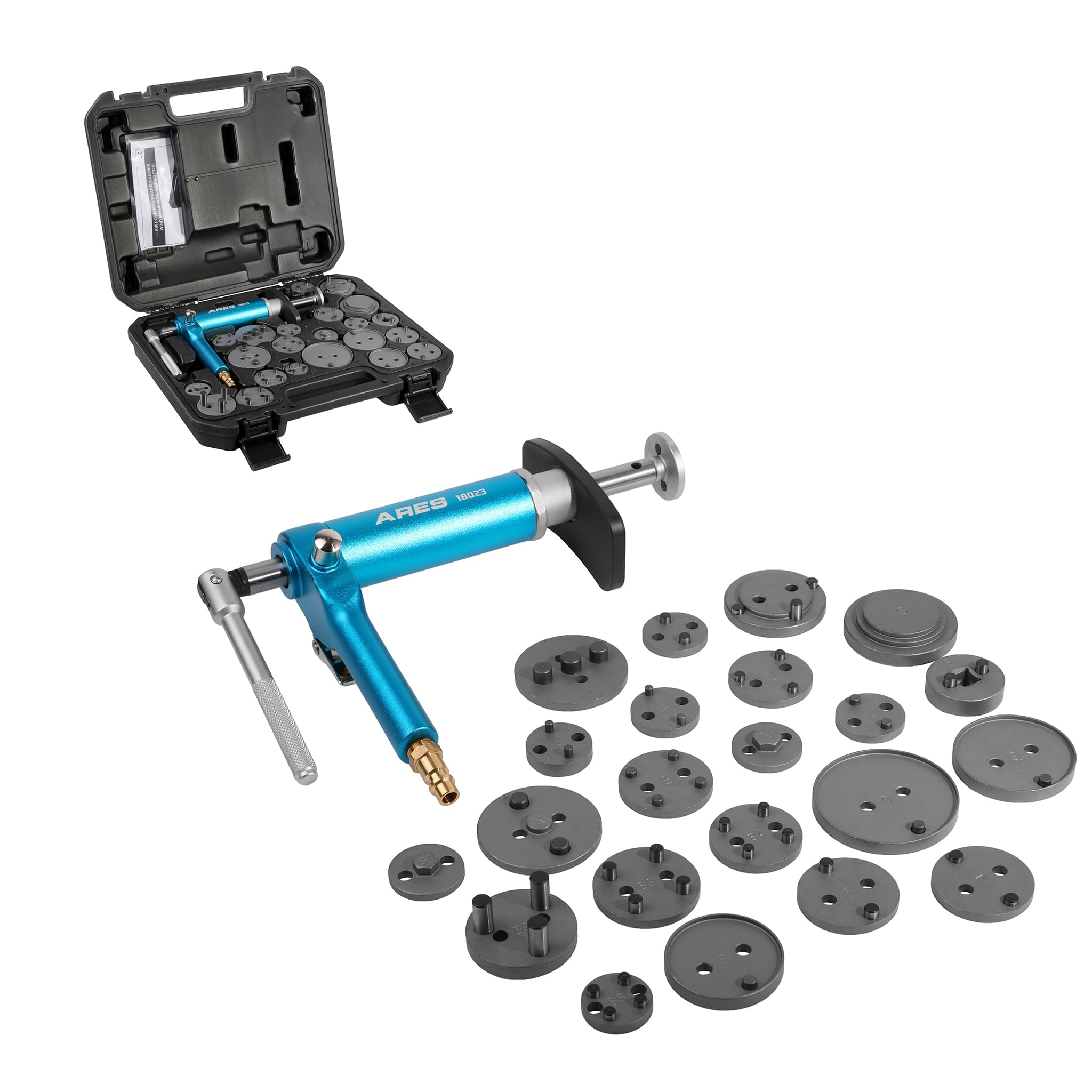 ARES 18023 23-Piece Brake Caliper Wind Back Tool Kit - Pneumatic Design for Easy One-Person Brake Service - Includes Compressor Tool & 22 Drive Key Disc Adapters - Storage Case - Perfect for DIY Car Repair & Professional Auto Shop Use