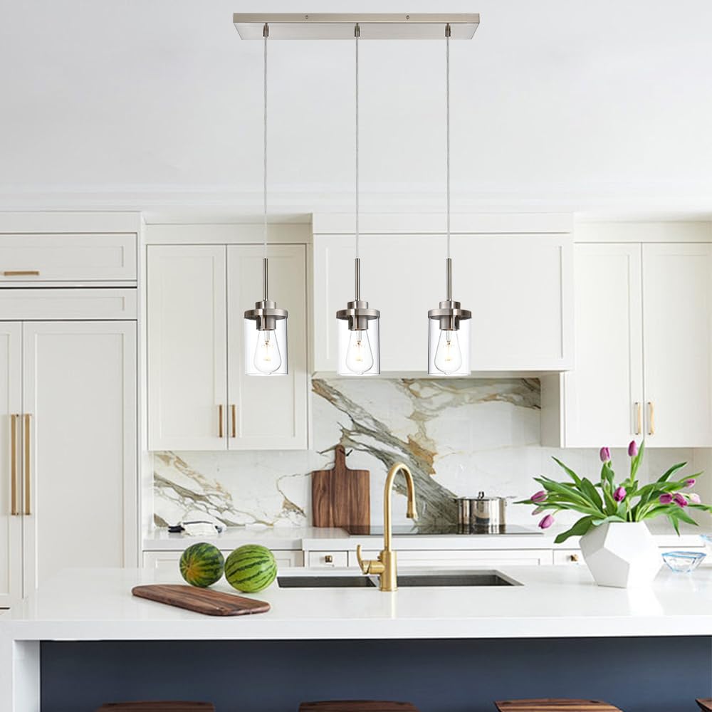 Brushed Nickel 3-Light Pendant Lighting Fixture with Clear Glass Shade - Modern Hanging Lights for Kitchen Island, Dining Room, Bar Counter & Breakfast Nook