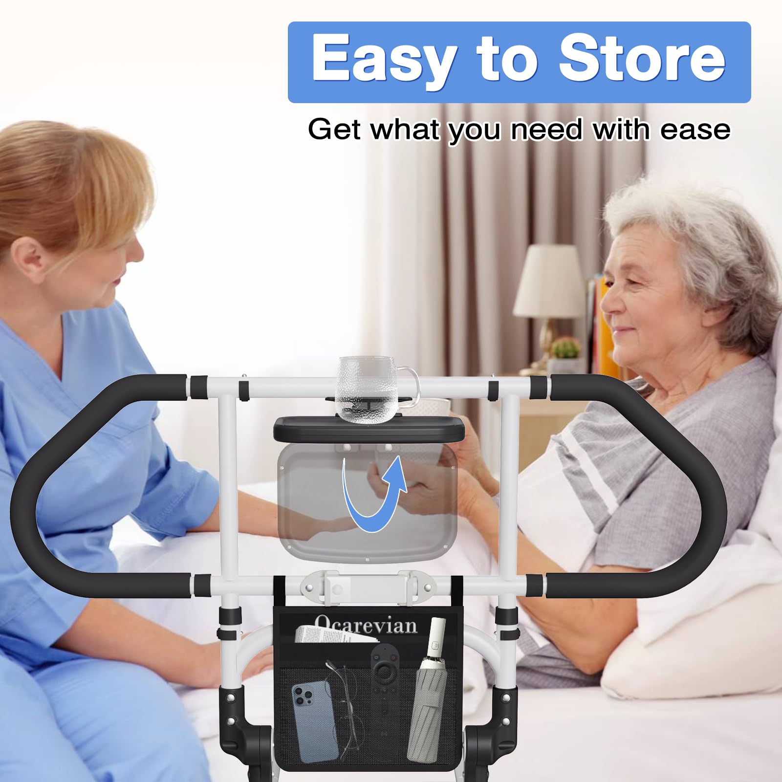 Adjustable Bed Rails for Elderly Adults - Safety Bed Assist Rails with Sensor Light & Storage Pocket - Foldable Bedside Support for Twin/Full/Queen/King Mattresses - Ideal for Seniors, Post-Surgery Recovery, and Home Care Use