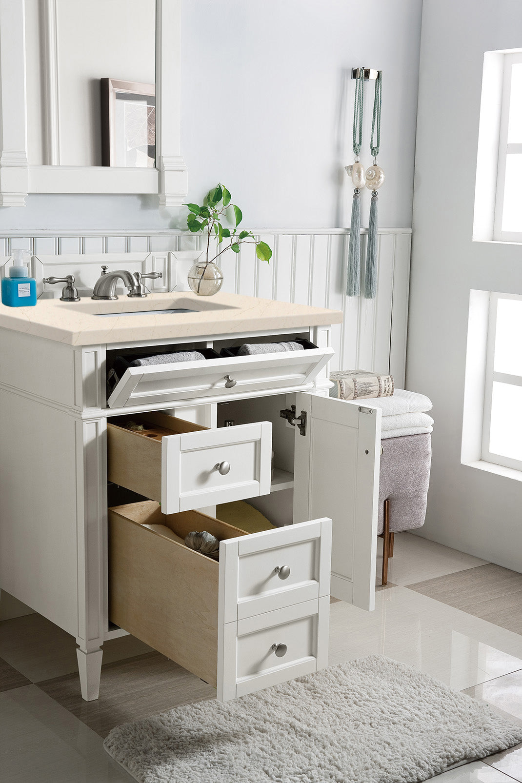 Brittany 30-Inch Single Bathroom Vanity Set with 3CM Eternal Marfil Quartz Countertop in Bright White - Perfect for Modern Master Bathrooms and Powder Rooms