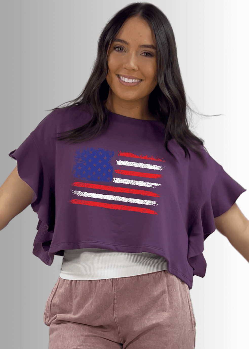 Stylish Ruffled Dolman Sleeve USA Flag Graphic Cropped Top - Patriotic Women's Fashion for 4th of July & Summer Outfits