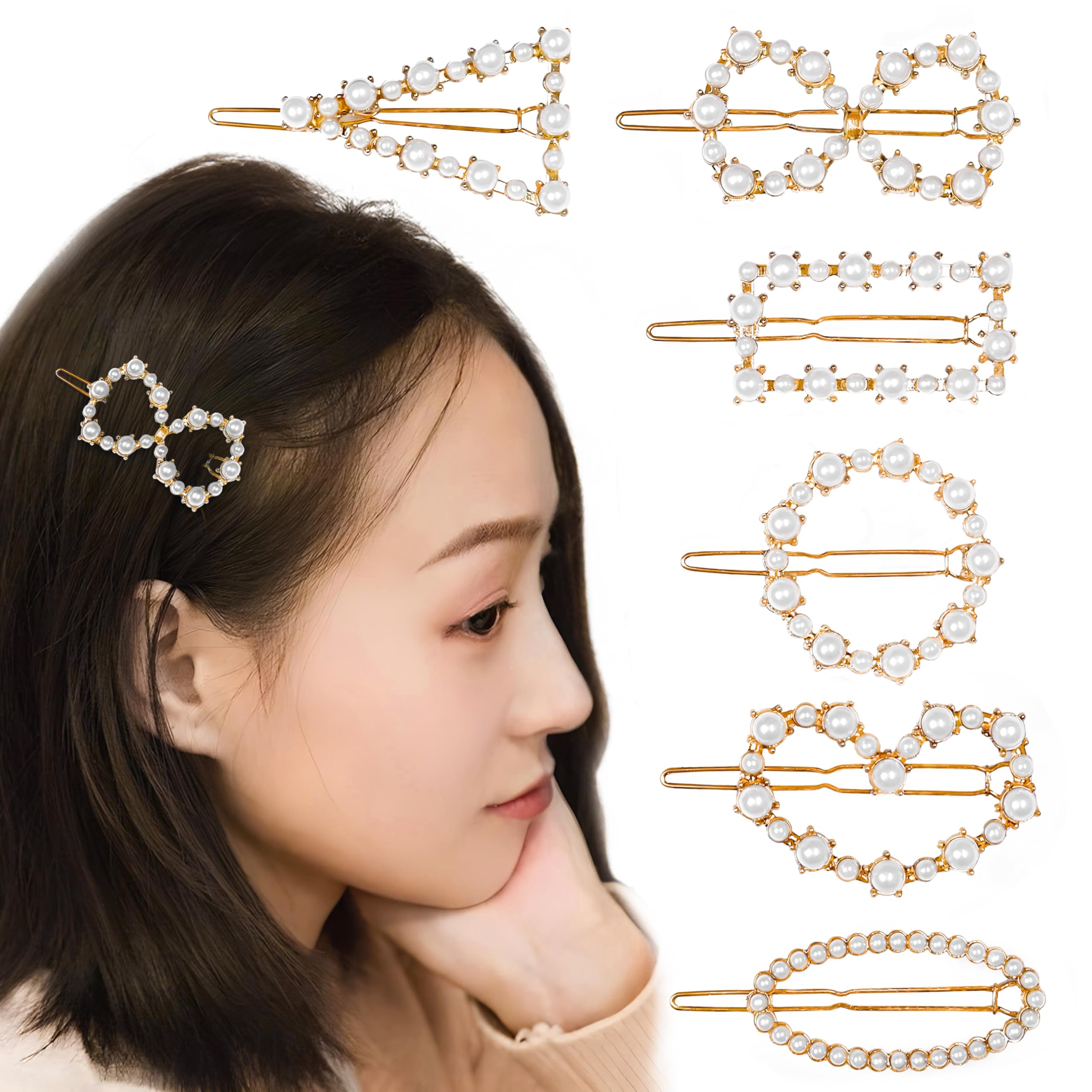 HOMEMATES 6 Pcs Pearl Hair Clips for Women - Rhinestone Crystal Letter Hair Pins for Girls & Women, Golden Crystal Hair Clips, Elegant Hair Accessories for Parties, Weddings & Daily Wear