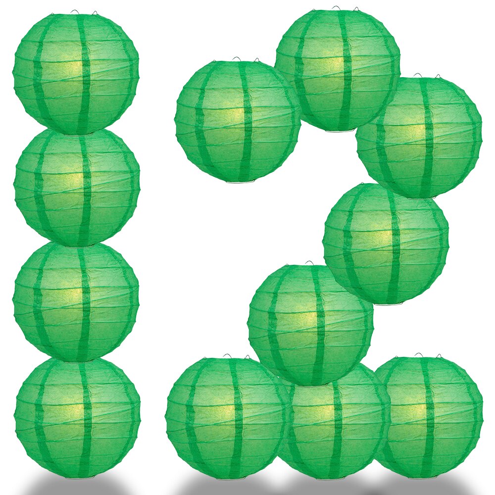 12 Pack 24 Inch Emerald Green Freestyle Ribbing Round Paper Lanterns for Party Decorations, Wedding, Home Decoration & Indoor Outdoor Events