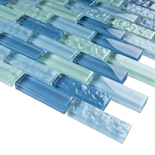 Mini Brick Mix Blue Glass Mosaic Wall Tile - 10 Sheets/Case - Waterproof Backsplash Tile for Bathroom, Kitchen, Shower, Pool & Spa - DIY Home Decor Mosaic Tiles for Walls & Countertops