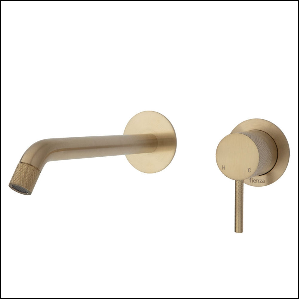 FIENZA Axle Wall Mounted Basin Bath Mixer Set - Urban Brass Finish, Small Round Plates, 160mm Spout - Modern Bathroom Faucet for Vanity & Bathtub | Perfect for Small Spaces & Contemporary Home Decor